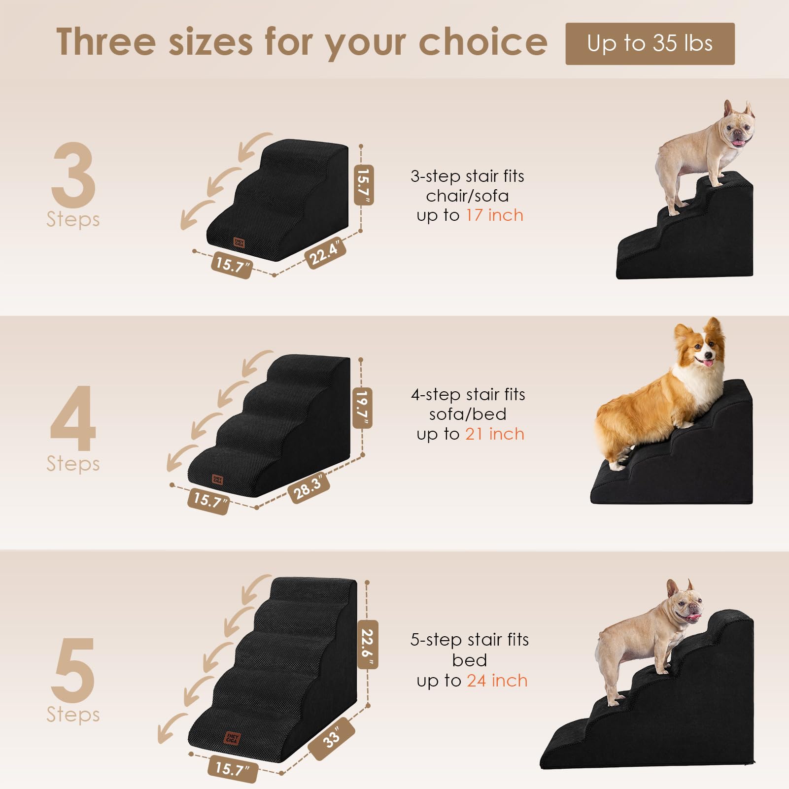 Eheyciga Curved Dog Stairs Ramp For High Beds 22.6' H, 5-Step Dog Steps For Small Dogs And Cats, Pet Stairs For High Bed Climbing, Non-Slip Balanced Pet Step Indoor, Black