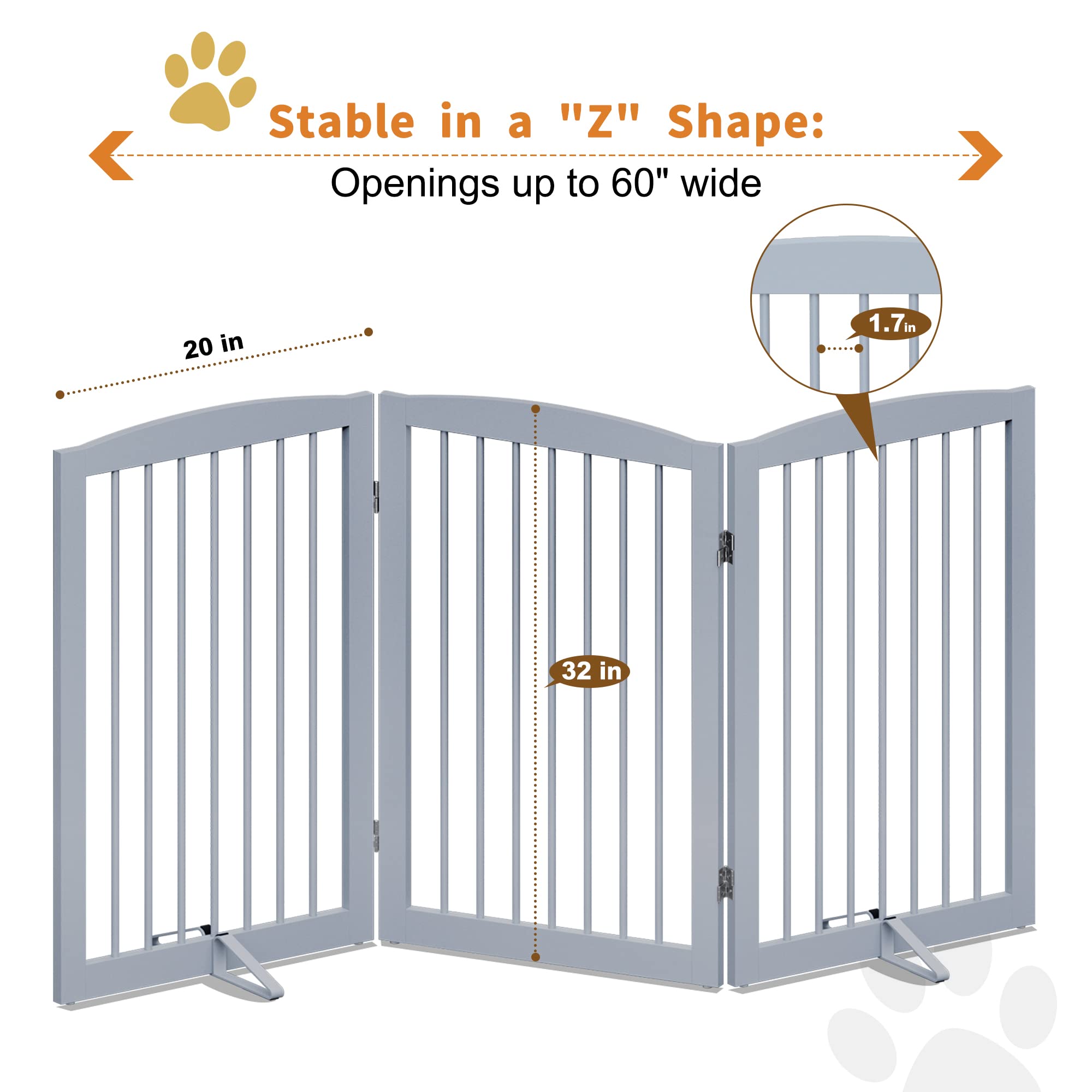 Pupetpo Freestanding Pet Gate For Dogs, Foldable Wooden Dog Gate For House Indoor, Tall Dog Gate For Stair, Doorway,Hall, Step Over Pet Puppy Safety Fence, 3 Panels 32' ,Grey