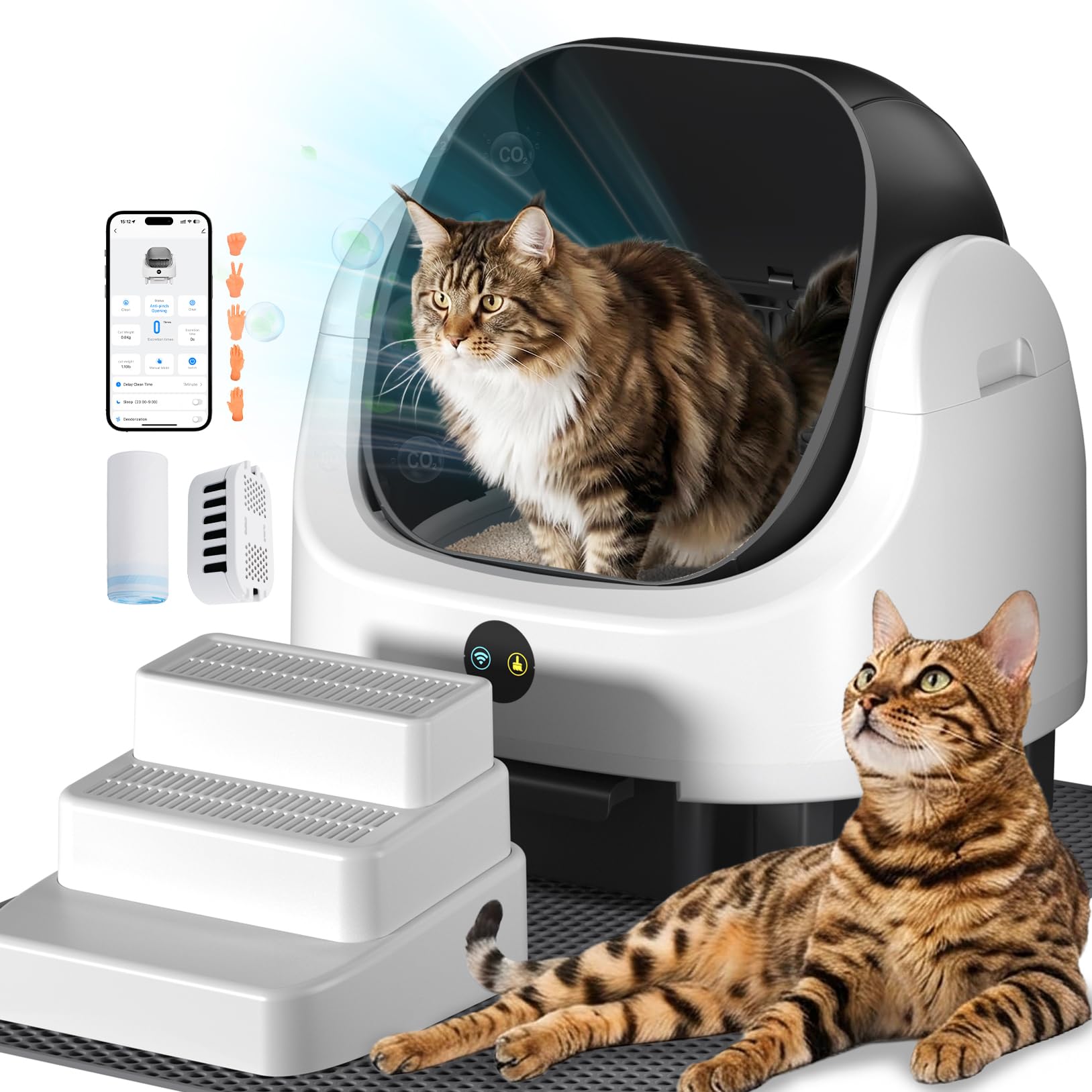 Open Top Self Cleaning Litter Box,70L Automatic Cat Litter Box Self Cleaning with APP Control,Low Noise,Safety Protection,Anti-P