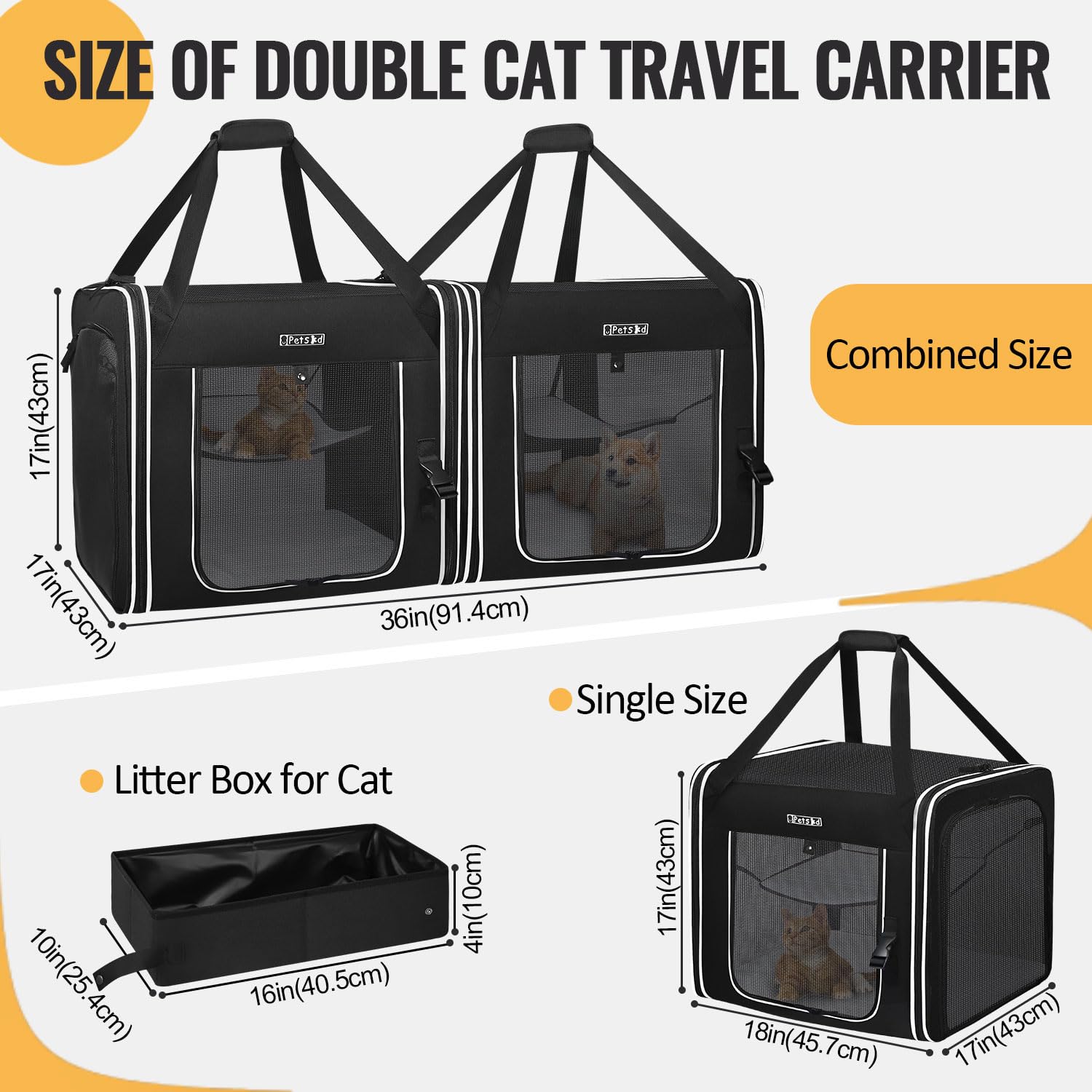 Petskd Portable Double Cat Carrier With Litter Box For Multiple Cats 2In1 Car Travel Carriers 36X17X17In Dual Large Cat Carrier