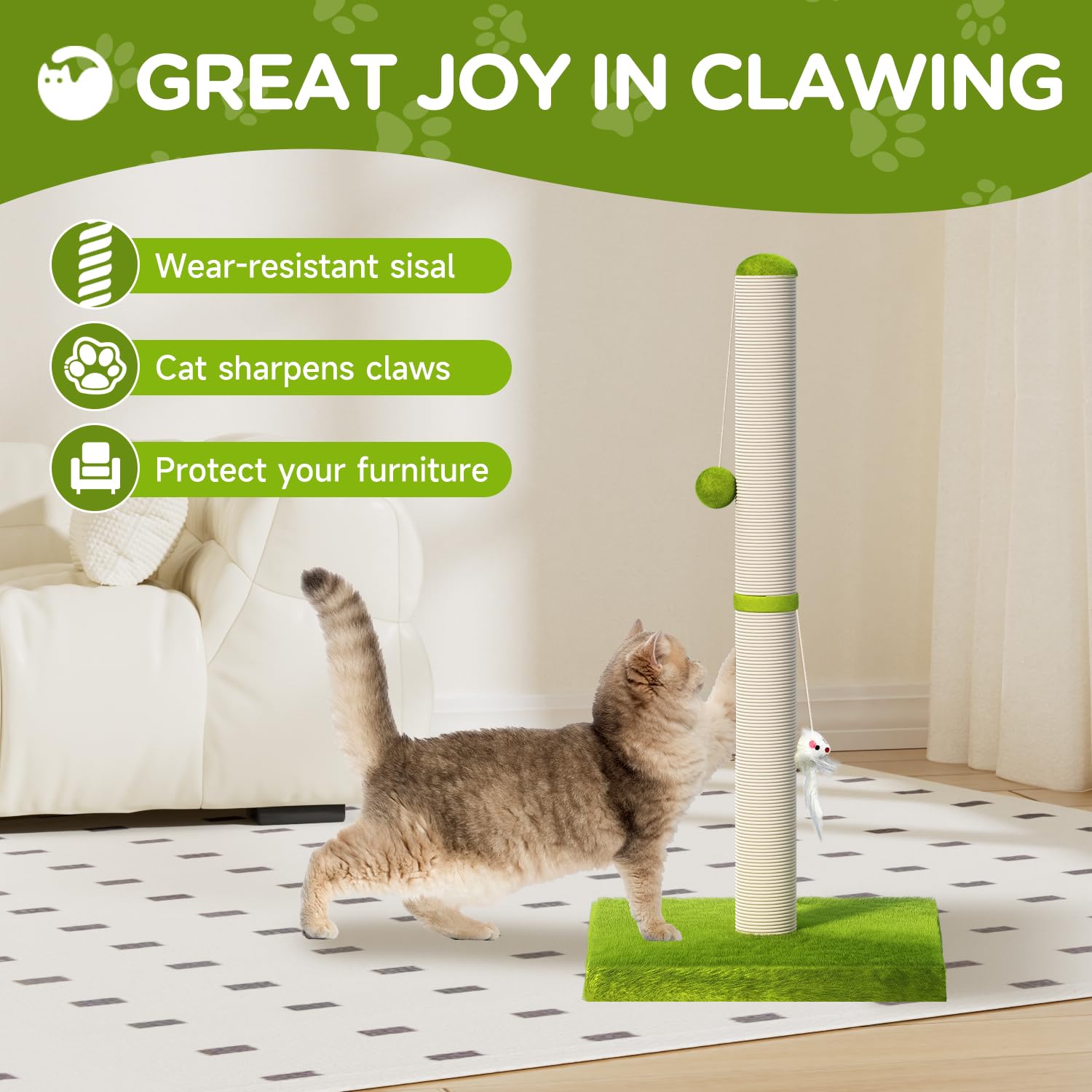 Meowhomm 32    Tall Cat Scratching Posts For Indoor Adult Cats And Kittens With 2 Hanging Balls, Large Cat Scratch Post Cat Scra