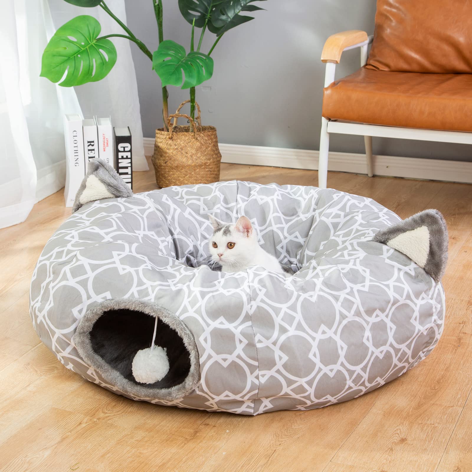 Luckitty Geometric Cat Tunnel Bed Oxford Outside With Plush Inside,Cats Toys Collapsible Tunnel Tube With Balls, For Rabbits, Ki