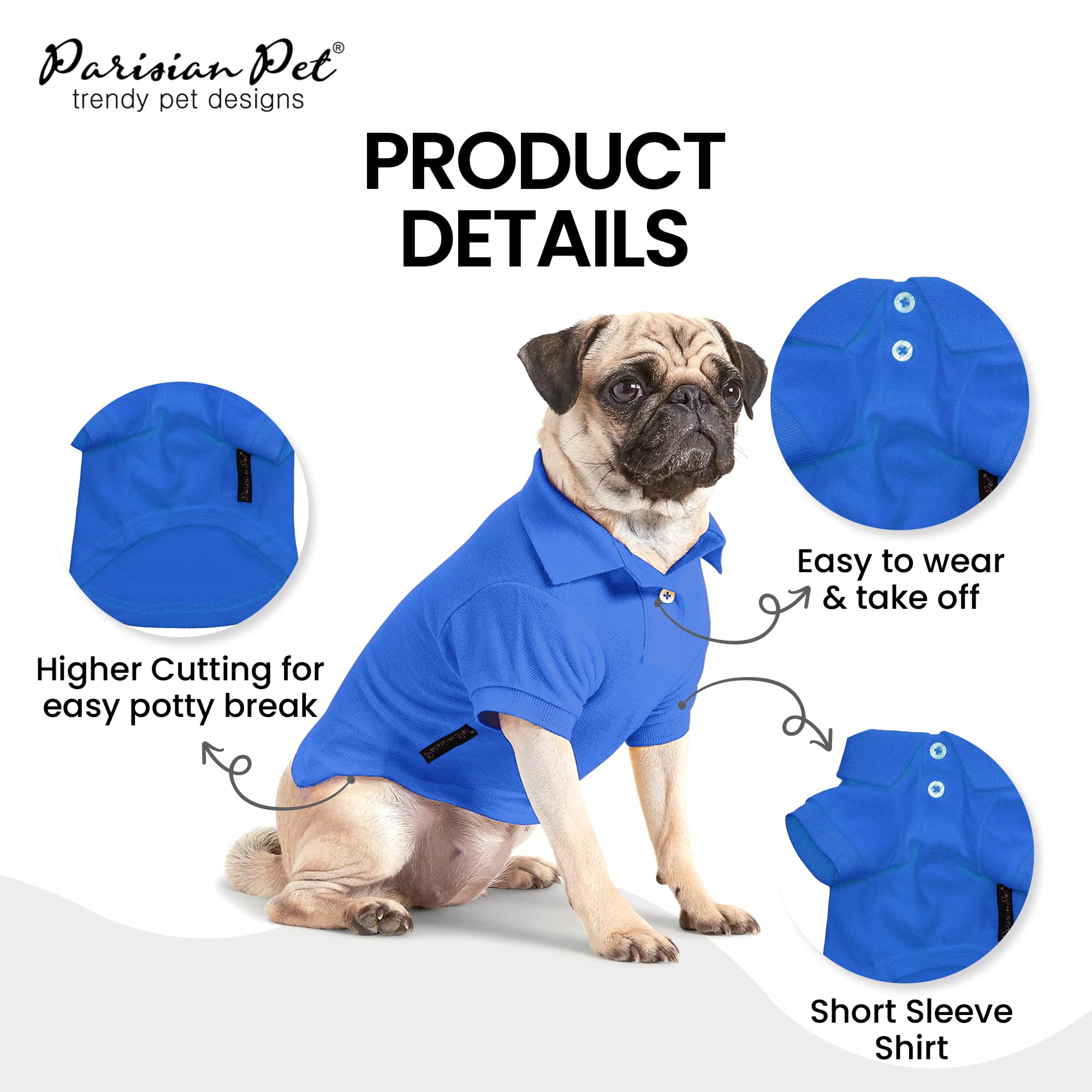 Parisian Pet Dog Polo Shirts - Breathable Cotton Shirt - Solid Blue, Summer Pullover - Button Up Collar Polo For Small Dogs