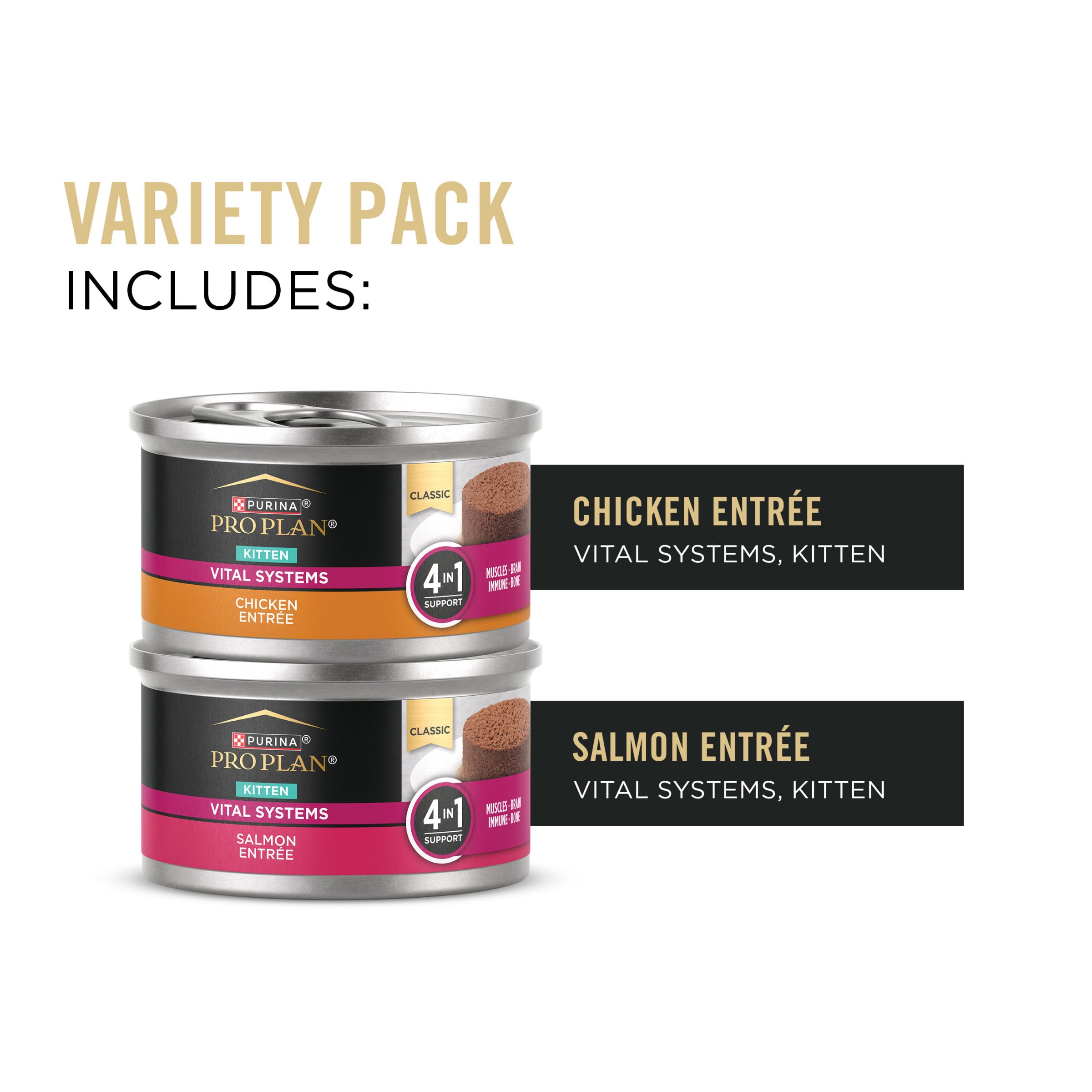 Purina Pro Plan Vital Systems Chicken and Salmon Entree Wet Kitten Food Variety Pack 4-in-1 Muscles, Brain, Immune and Bone - (P