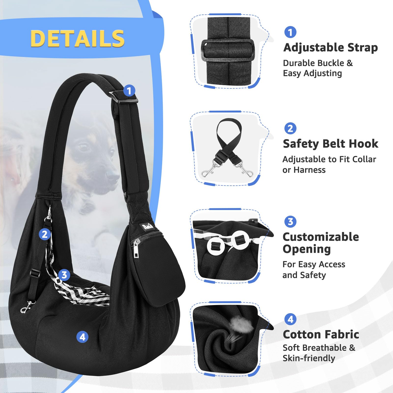 Lukovee Pet Sling, Hand Free Dog Sling Carrier Adjustable Padded Strap Tote Bag, Shoulder Bag With Front Pocket Safety Belt Carr