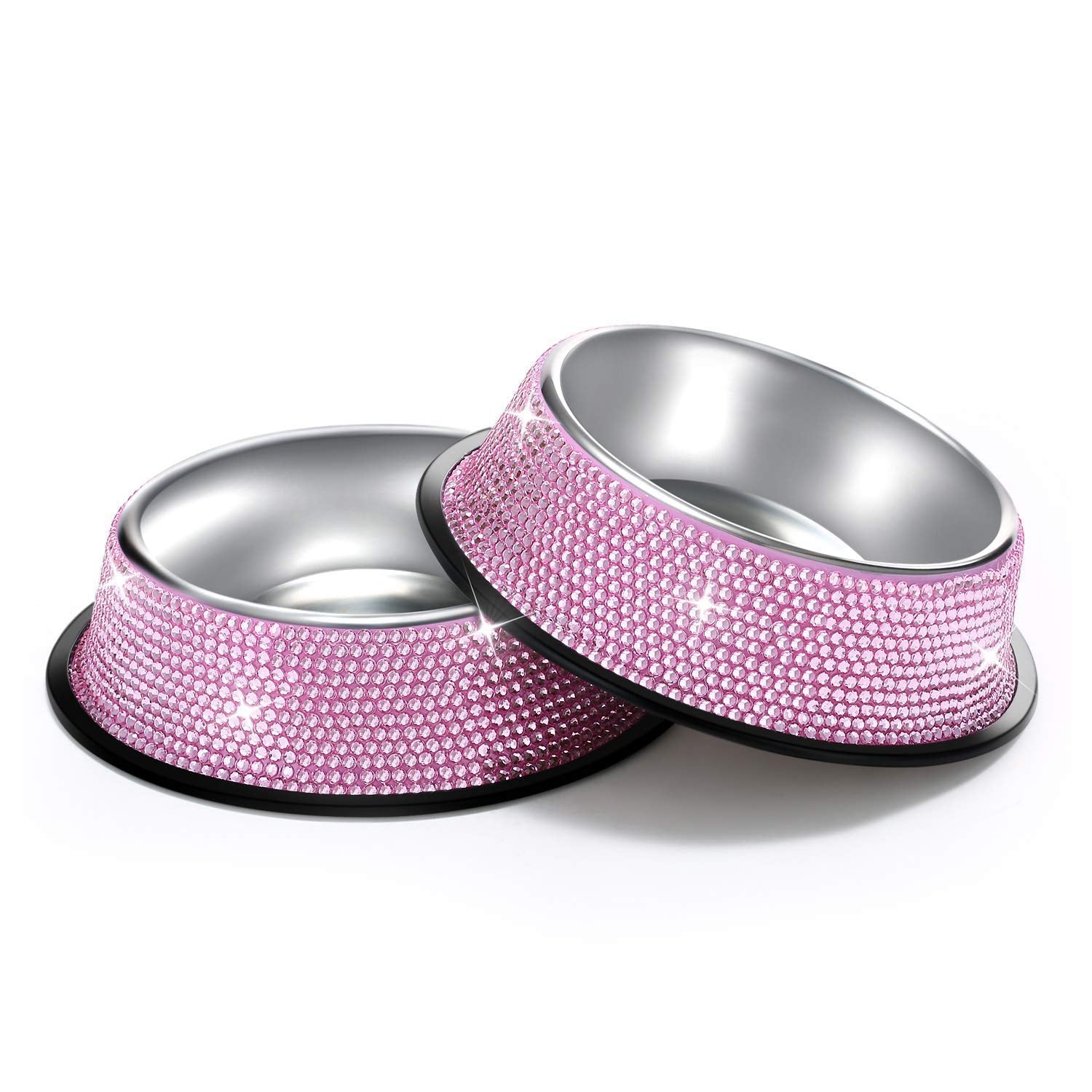 SAVORI Bling Dog Bowls Pink, 640ML Handmade Bling Rhinestones Stainless Steel Pet Bowls Double Food Water Feeder for Puppy Cats 