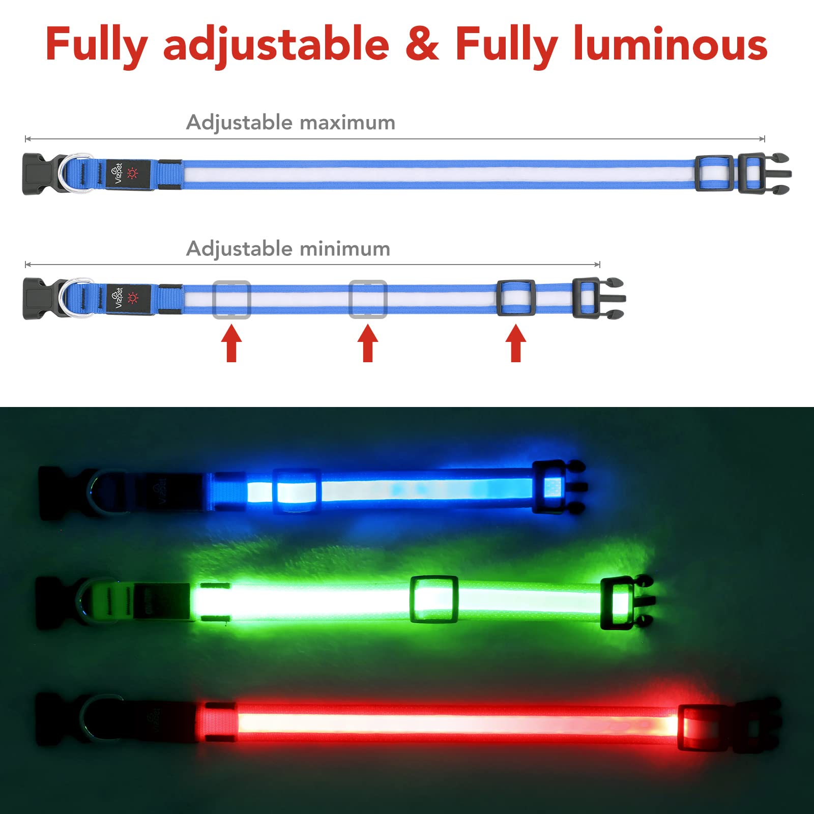 VIZPET LED Dog Collar - Adjustable, USB Rechargeable, Super Bright, Medium 14.96-19.68 inch, Blue, Thermoplastic Polyurethane Material