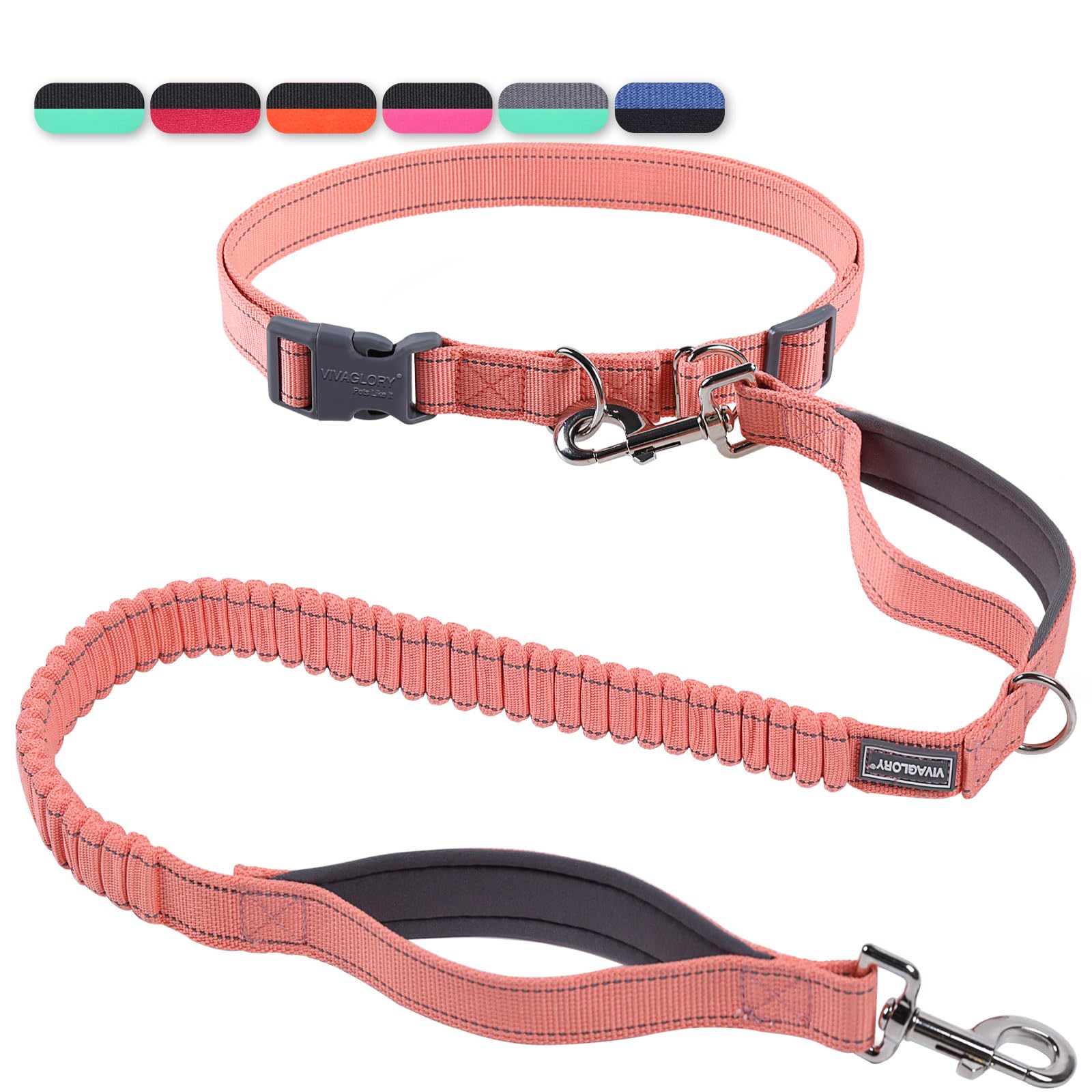 Vivaglory Hands-Free Dog Leash, Shock-Absorbing Bungee, Adjustable Waist (32½"~58"), Reflective, Pink/Grey