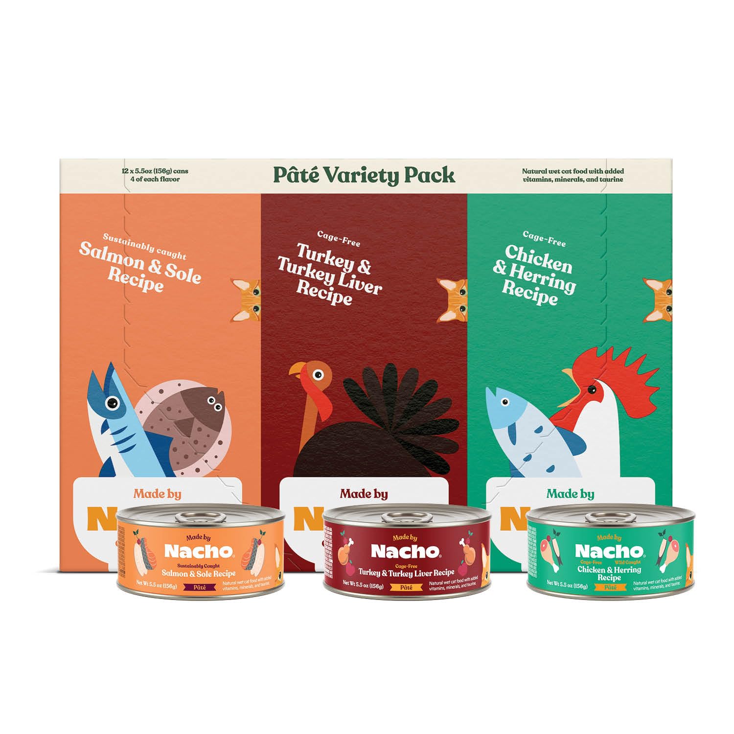 Made by Nacho Pate Wet Cat Food Variety Pack, Chicken, Salmon, and Turkey, 5.5 Ounce Cans, Grain-Free Canned Pet Food, Bone Brot