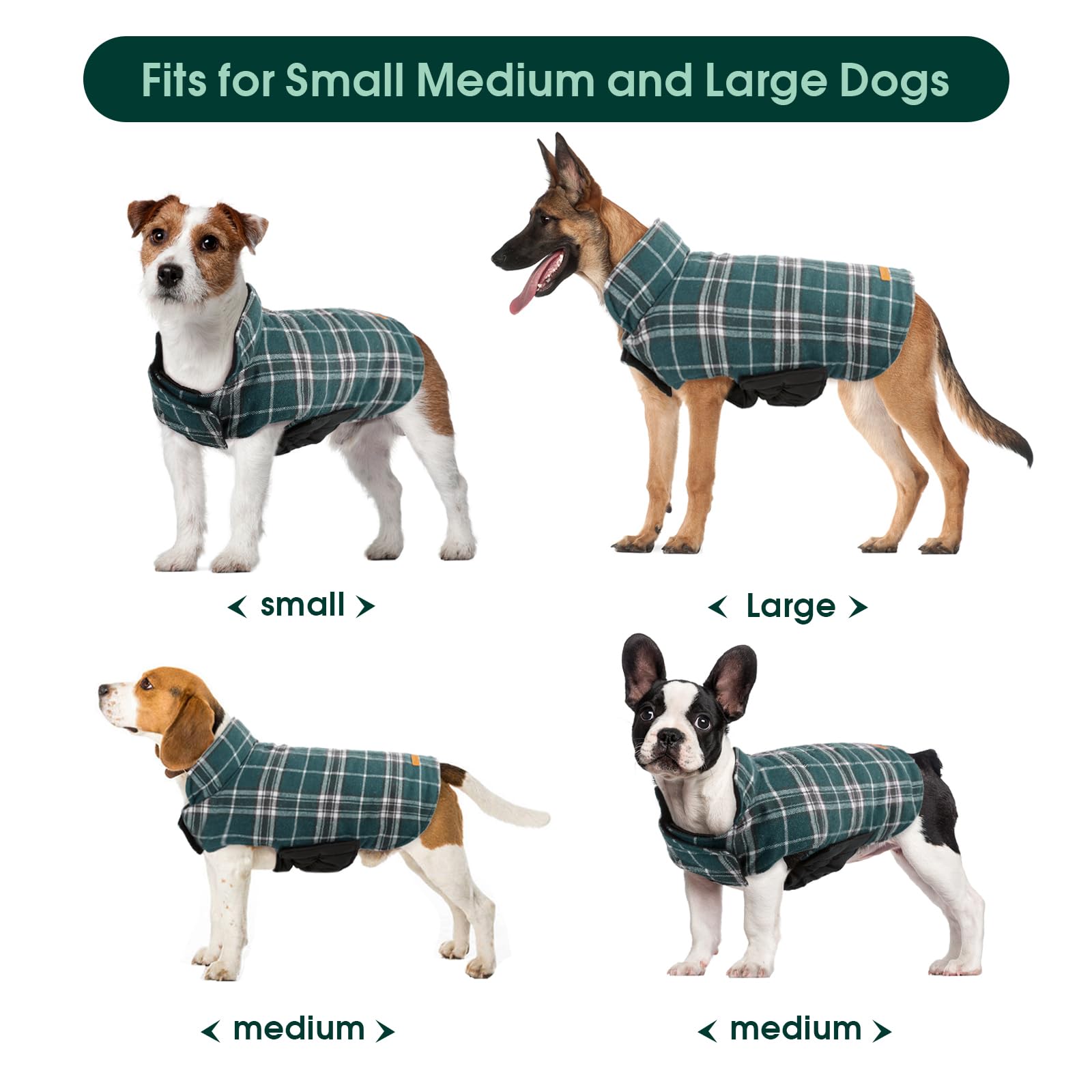 Kuoser Warm Dog Coat, Reversible Dog Jacket Waterproof Dog Winter Coat British Style Plaid Dog Clothes Pet Dog Cold Weather Coats Cozy Snow Jacket Vest For Small Medium Large Dogs Green M