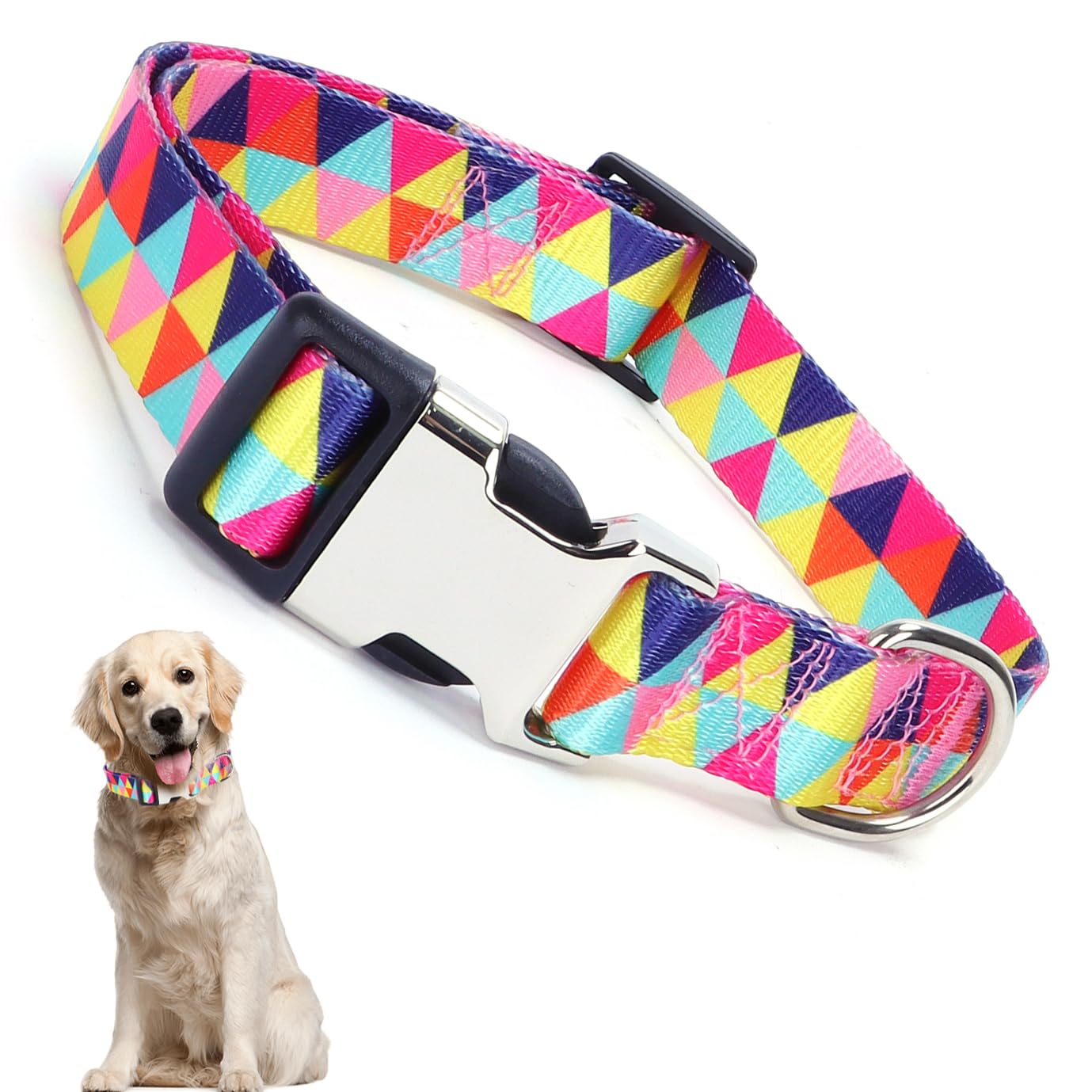 Female Dog Collars For Medium Dogs, Pretty Colorful Geometric Triangles Pattern Print Dog Collar Metal Durable Buckle Girl Puppy