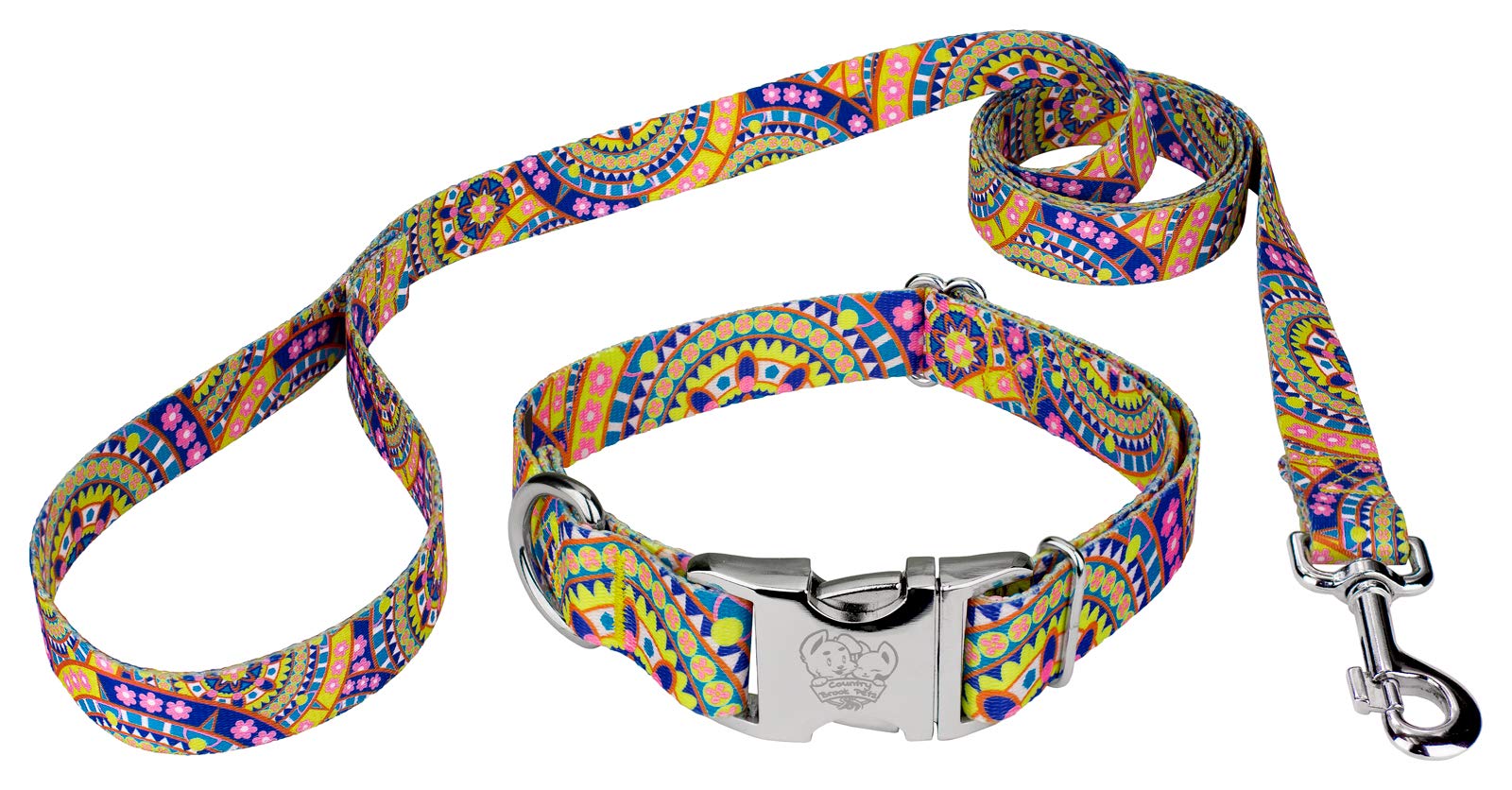 Country Brook Petz - Yellow Boho Mandala Premium Dog Collar And Leash Set - Groovy Collection Featuring Far Out Designs (5/8 Inc
