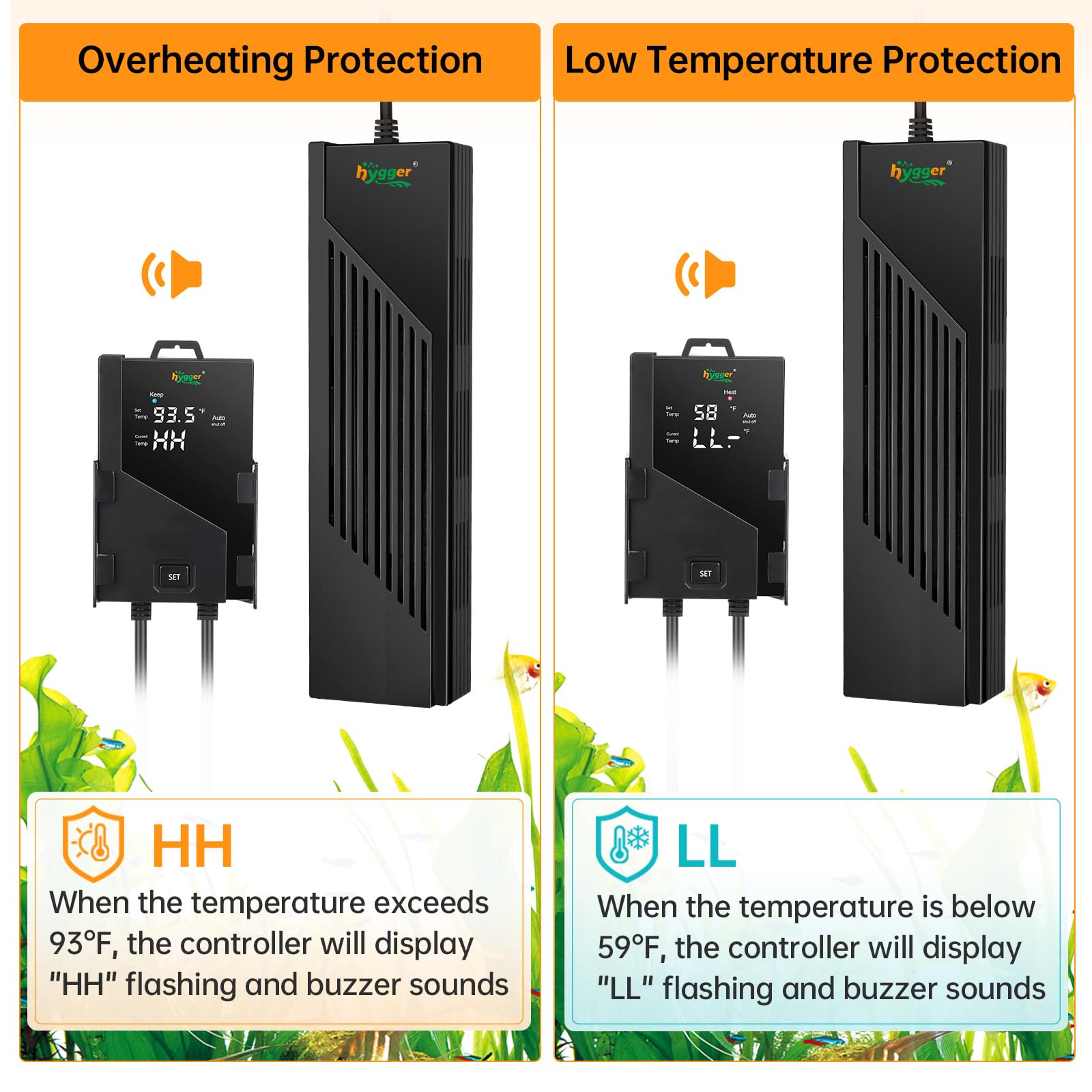 hygger Aquarium Heater with Intelligent Temperature Controller, 800W for 80-220 Gallon Submersible Fish Tank Heater with Leaving