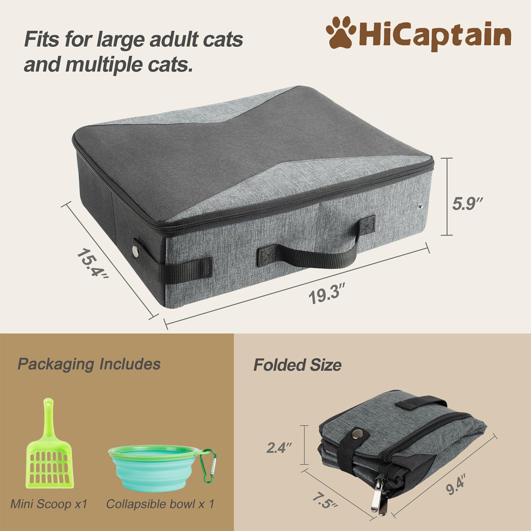 Hicaptain Travel Litter Box For Cat With Lid And Handle Standard Portable Collapsible Litter Carrier For Cat (L,Black/Gray)