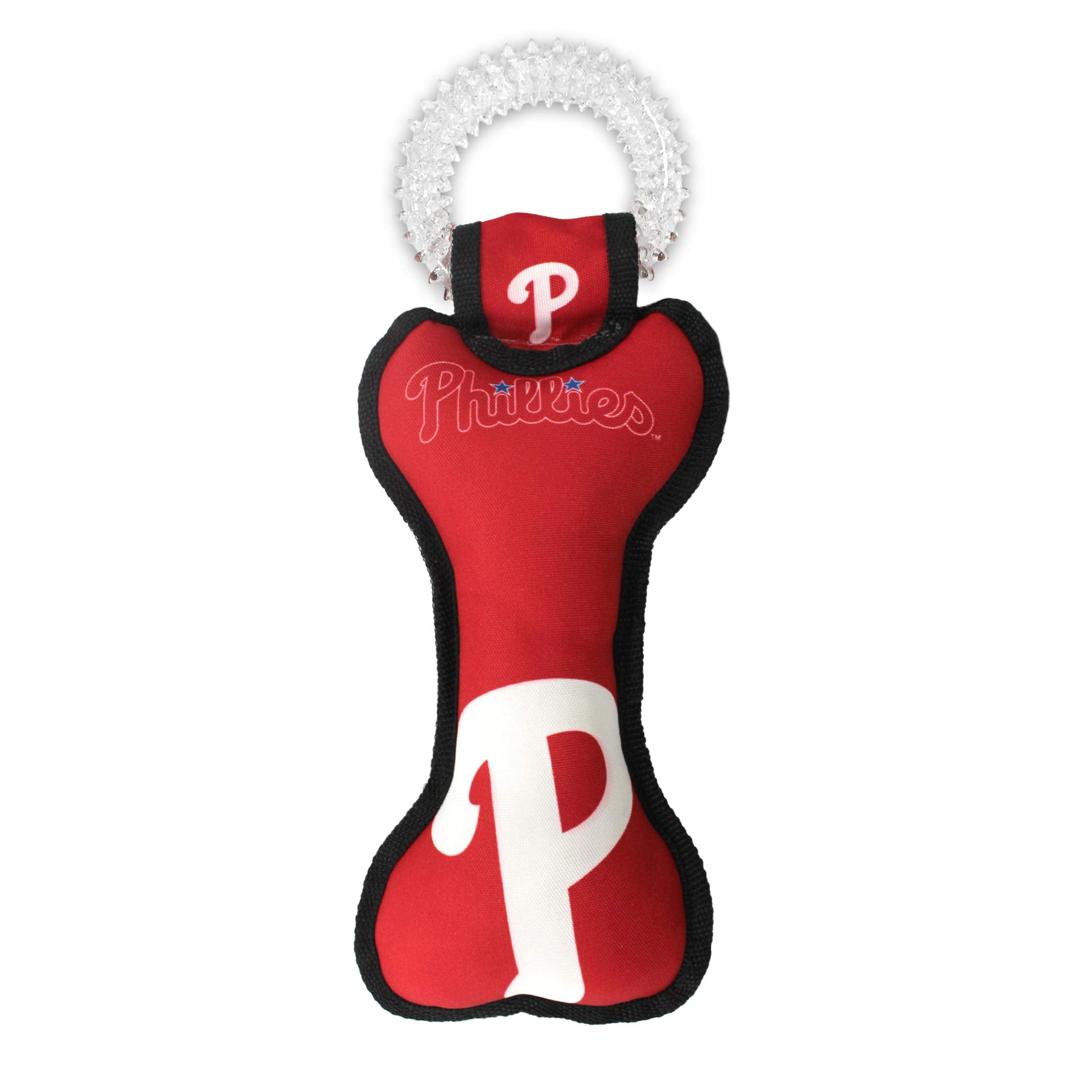Mlb Philadelphia Phillies Bone Shaped Dental Dog Tug Toy With Squeaker. Tough Pet Toy For Healthy Fun, Teething, And Cleaning Pe