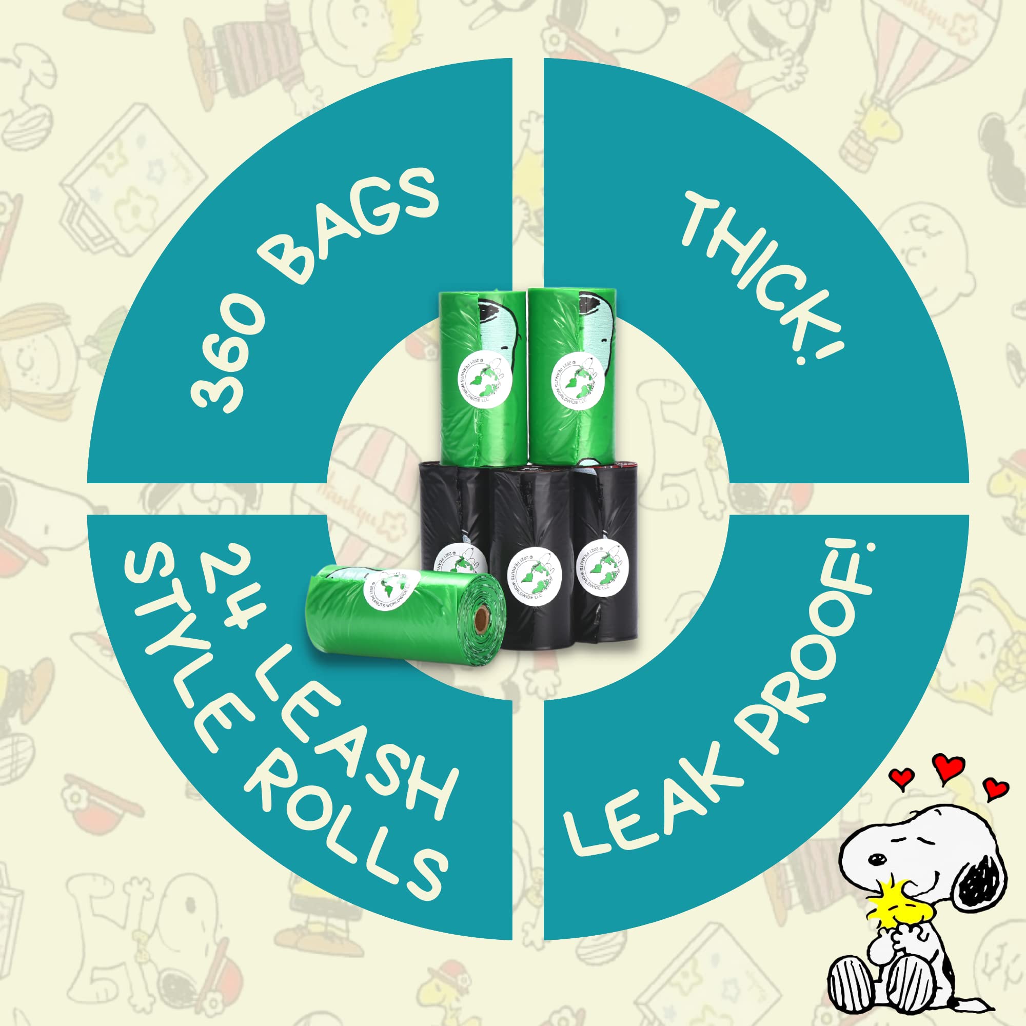 The Original Poop Bags USDA Biobased Pet Waste Bags - Peanuts Characters - Durable, Leak Resistant, 360 Count, BLK/GREEN