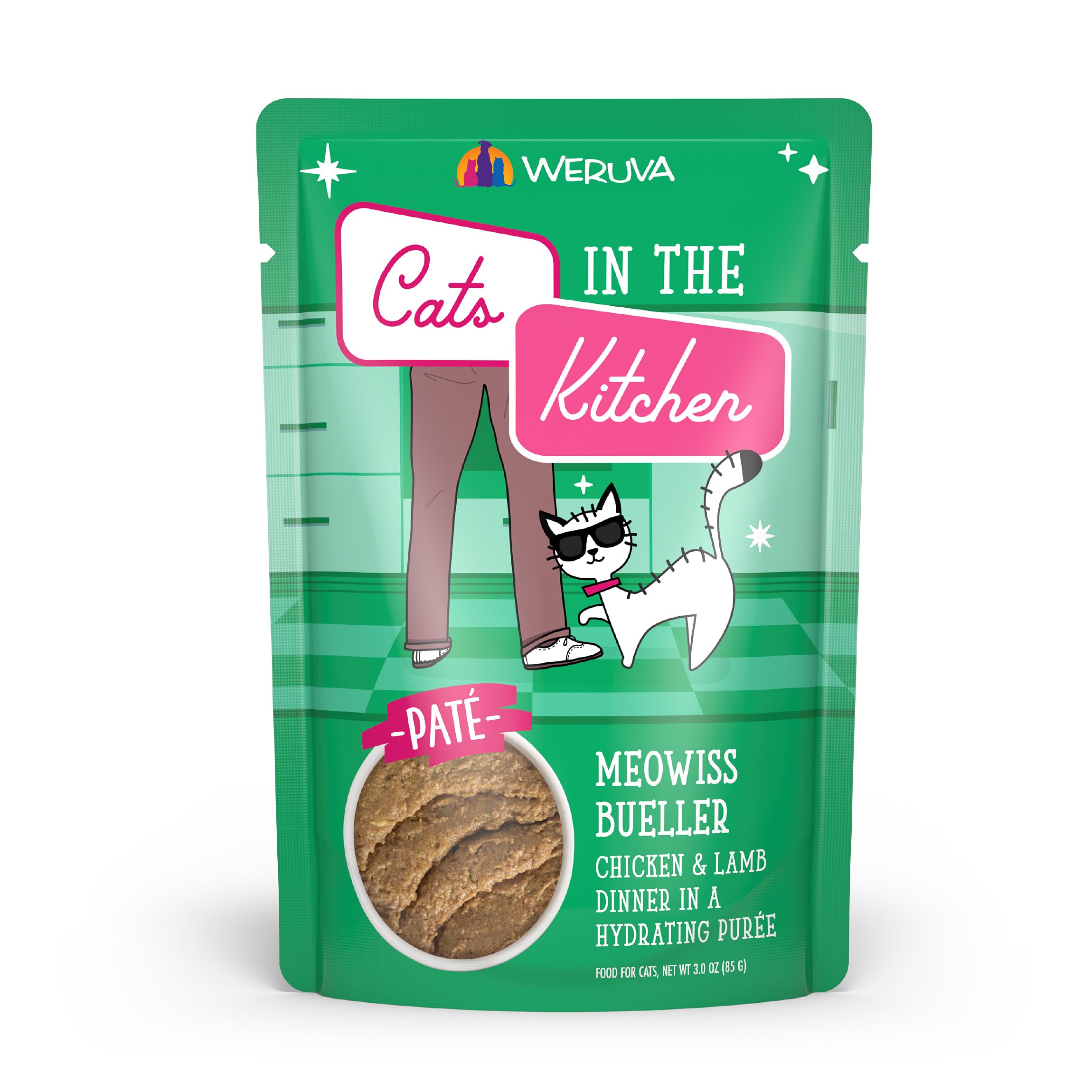 Weruva Cats in The Kitchen Slide N Serve Grain-Free Natural Wet Pate Cat Food Pouches, Meowiss Bueller, 3oz Pouch (Pack of 12)