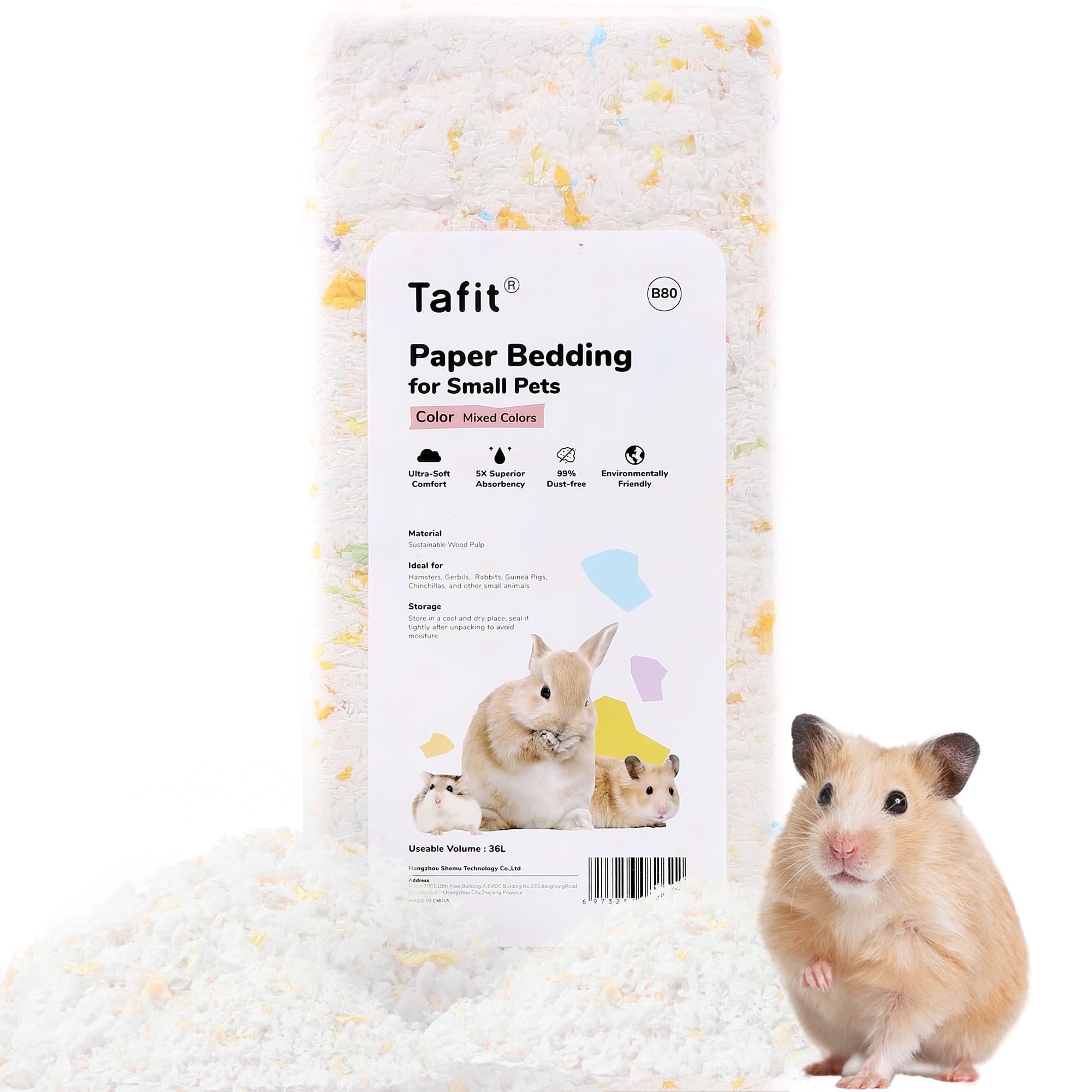 Tafit Dust-Free Soft Natural Paper Hamster Bedding With Odor Control, Strong Absorption, 36 Liters, For Hamster, Guinea Pig,Rabb