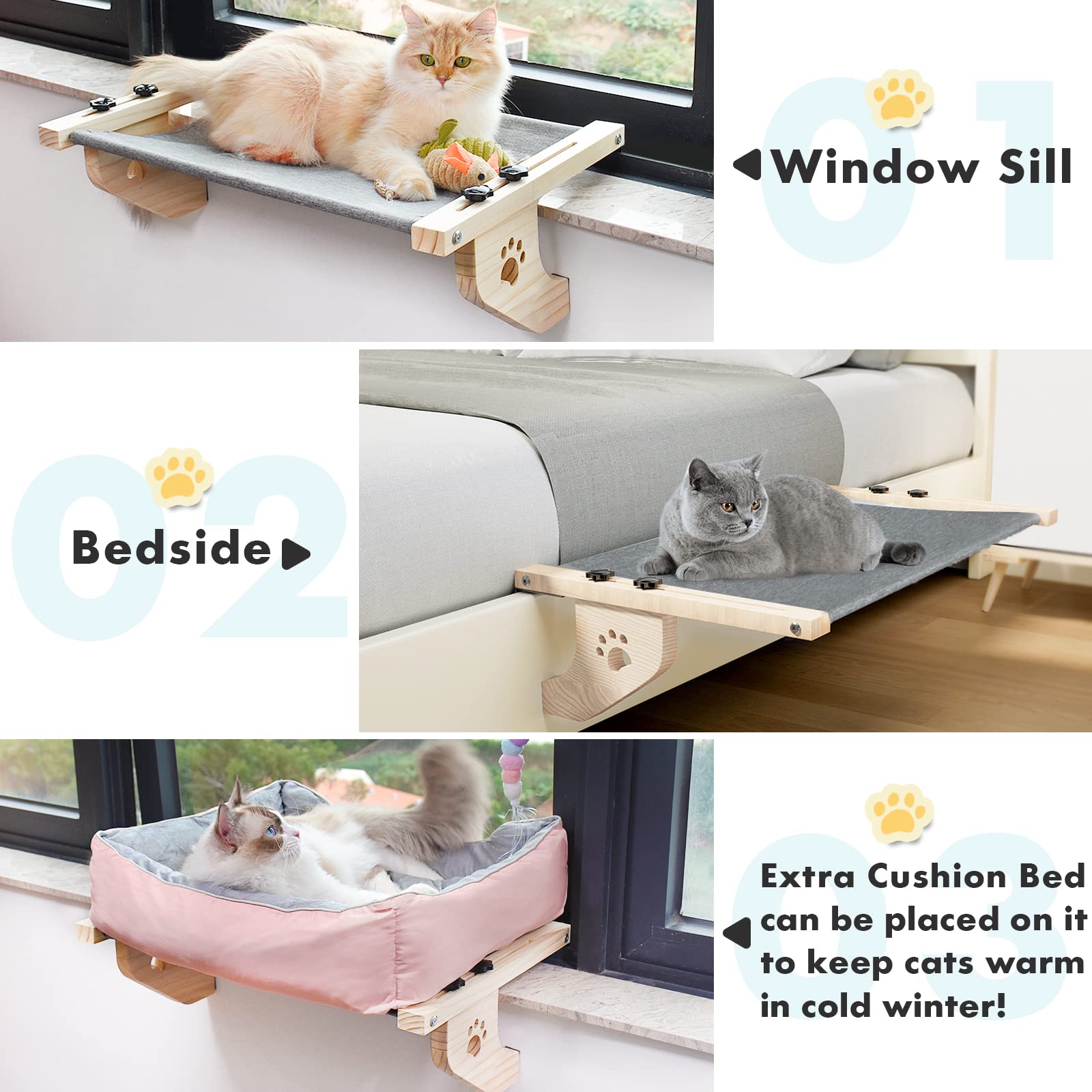 AMOSIJOY Cat Sill Window Perch Sturdy Cat Hammock Window Seat with Wood & Metal Frame for Large Cats, Easy to Adjust Cat Bed for Windowsill, Bedside, Drawer and Cabinet -Like New