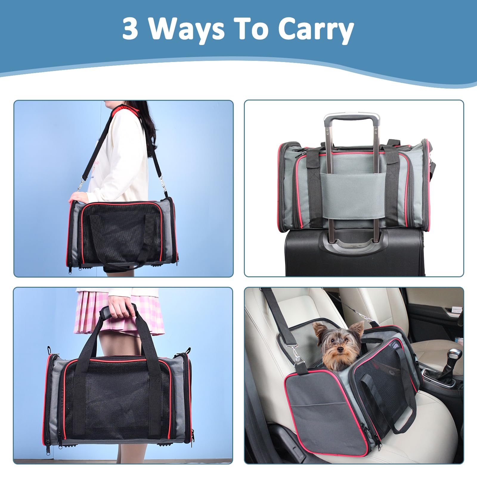GOOPAWS Soft-Sided Kennel Pet Carrier for Small Dogs & Cats, Medium 17"x10"x11.5", Grey/Red, Airline Approved, Nylon, Model PTC