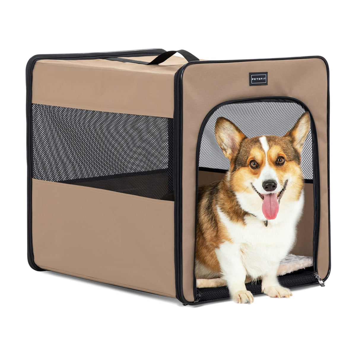 Petsfit Collapsible Dog Crate, Dog Travel Crate - 24 Inch With Thicken Mat, Easy To Fold, Sturdy And Portable, Perfect For Traveling, Soft Sided Dog Crate Khaki