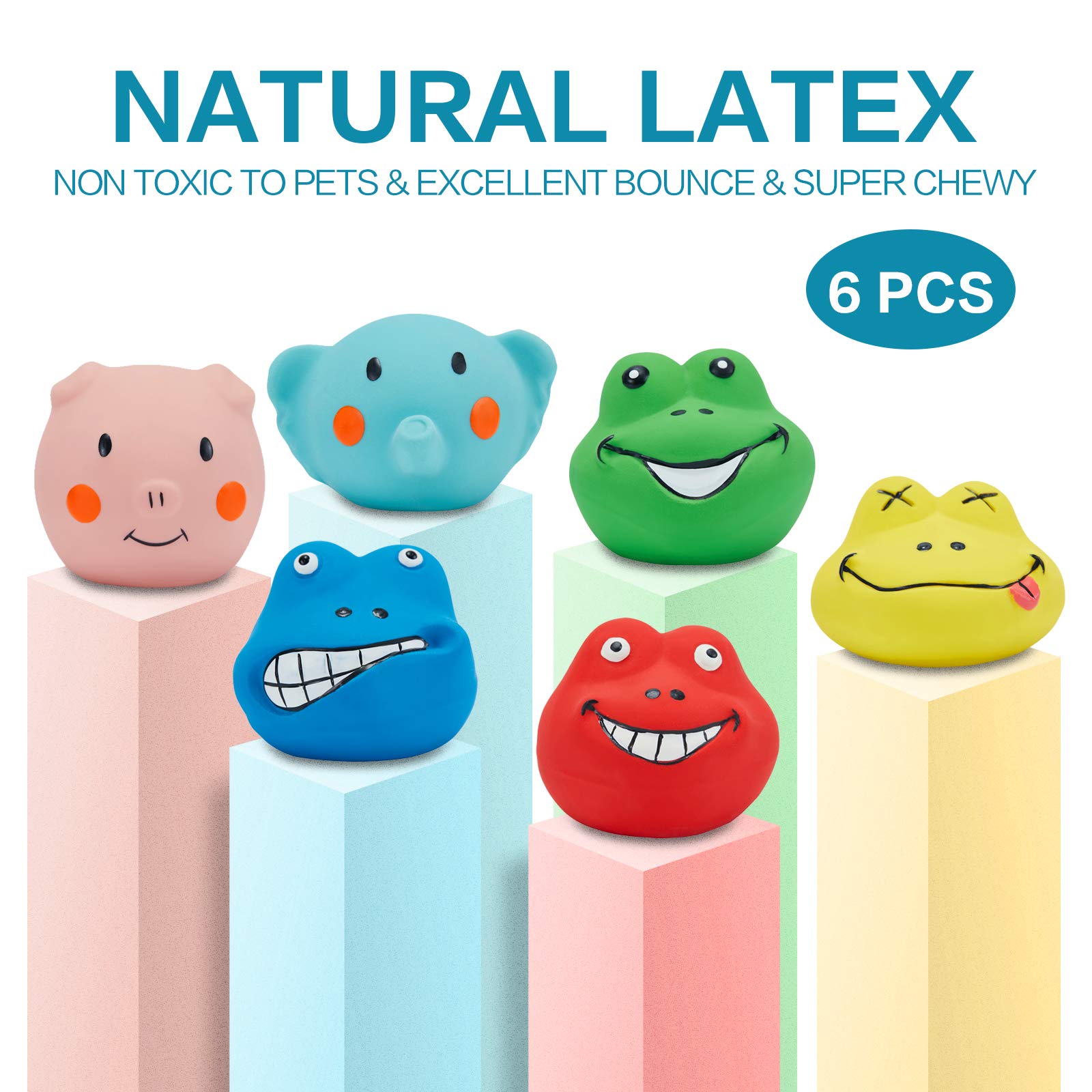 N-S Squeaky Dog Toys, Durable Soft Latex, 6pcs Teething Chew Toys for Small Medium Dogs, Funny Faces, Sky Blue, Green, Yellow, Pink, Red