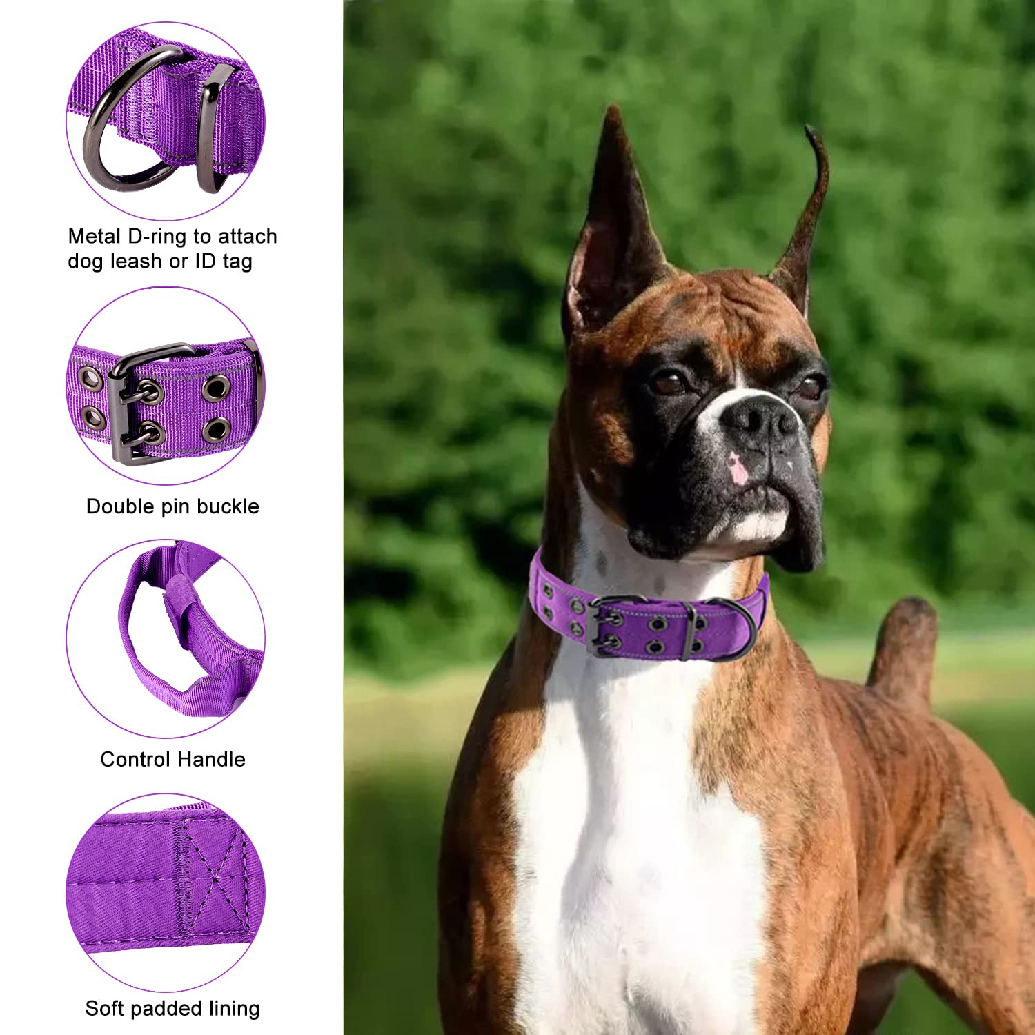 Yunleparks Reflective Dog Collar Heavy Duty Tactical With Control Handle And Metal Buckle For Dog Training(Large, Purple)
