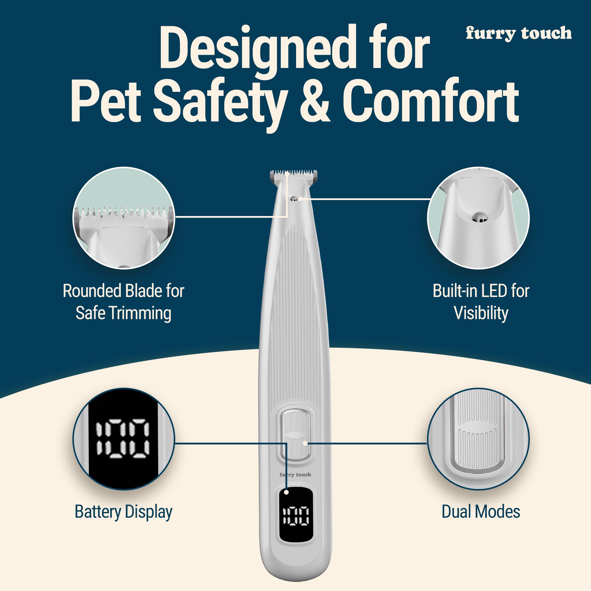 Furry Touch Dog Paw Trimmer - Electric Cordless Pet Clippers for Dogs & Cats - Quiet Dual-Speed Groomer with Pet-Safe Blade for