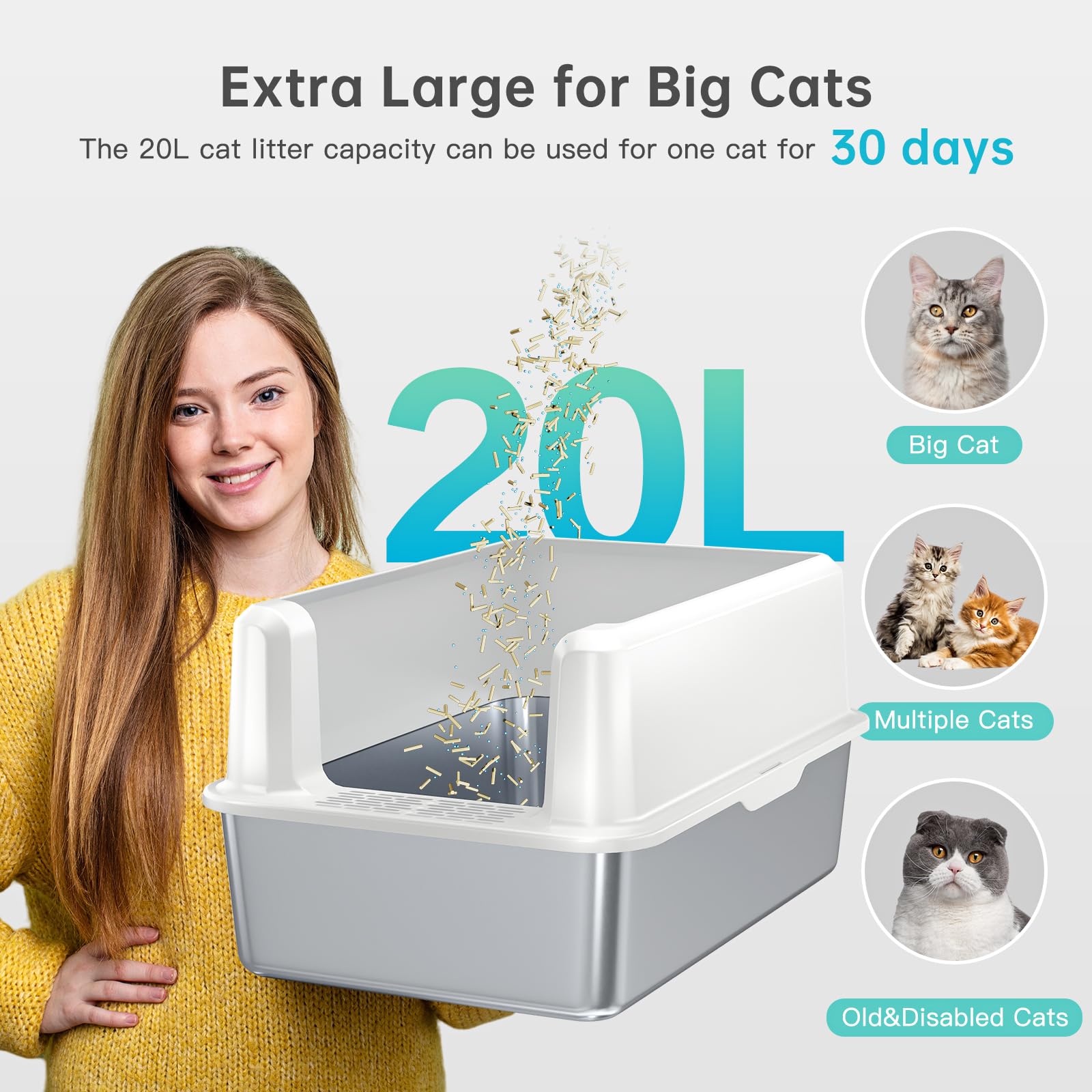 Woofigo Stainless Steel Cat Litter Box With Lid, Xl Metal Litter Box For Big Cats, Extra Large Litter Box With High Sides, Never Absorbs Odors, Non-Sticky, Easy Clean, Anti-Urine Leakage, With Scoop