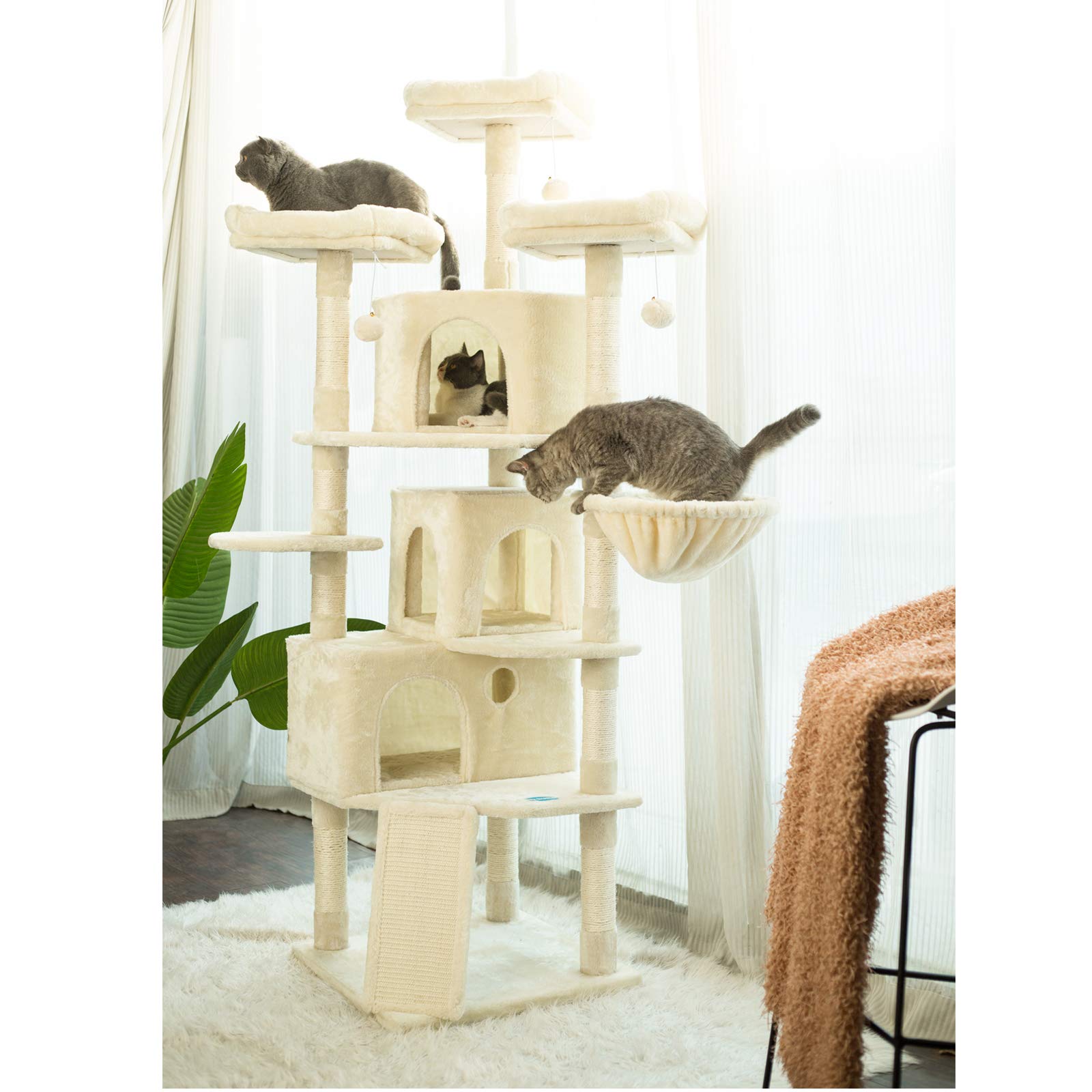 Hey-Brother Xl Size Cat Tree, 73.4 Inch Cat Tower With 3 Caves, 3 Cozy Perches, Scratching Posts, Board, Activity Center Stable For Kitten/Big Cat, Beige Mpj032M