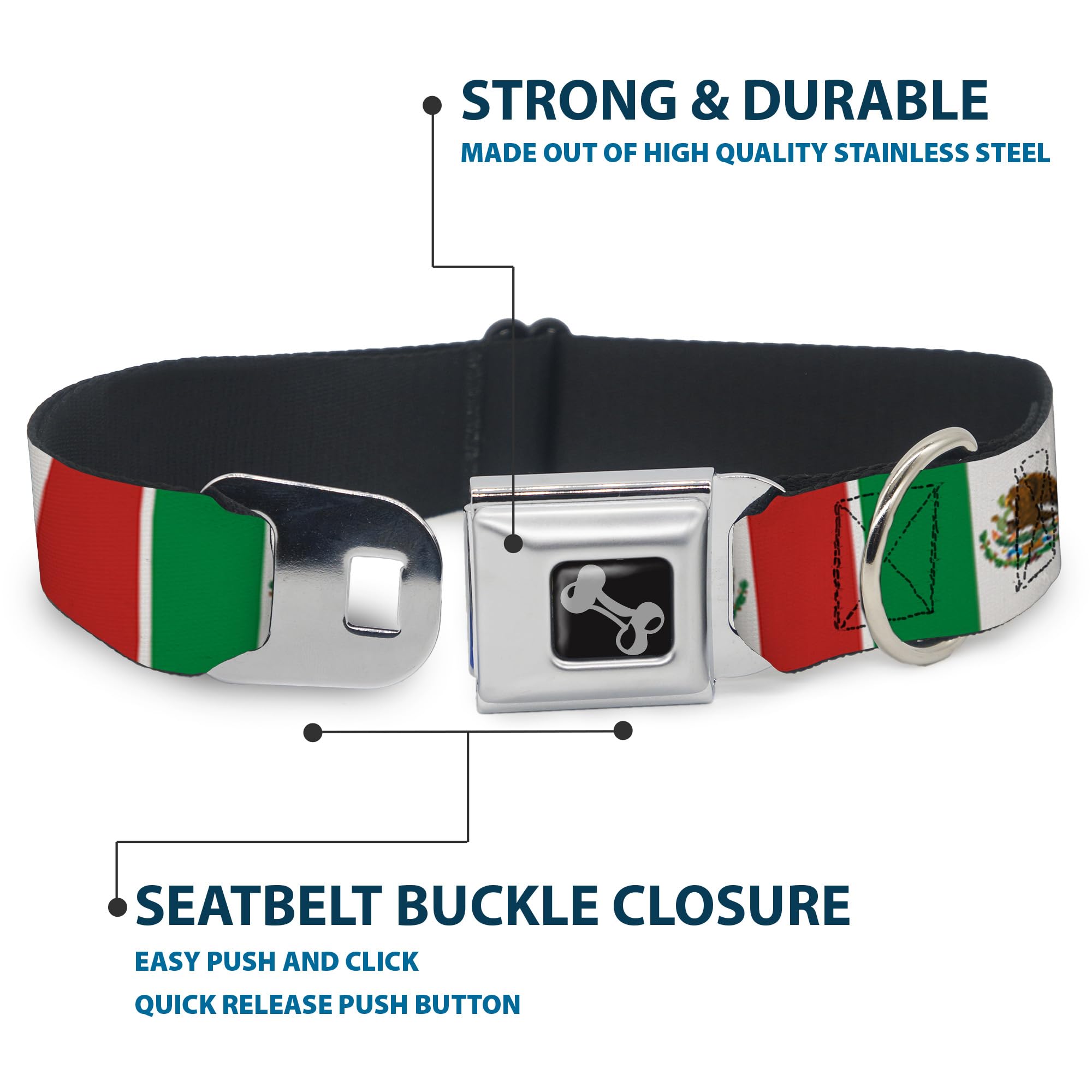 Buckle-Down Seatbelt Buckle Dog Collar - Mexico Flags - 1.5' Wide - Fits 16-23' Neck - Medium