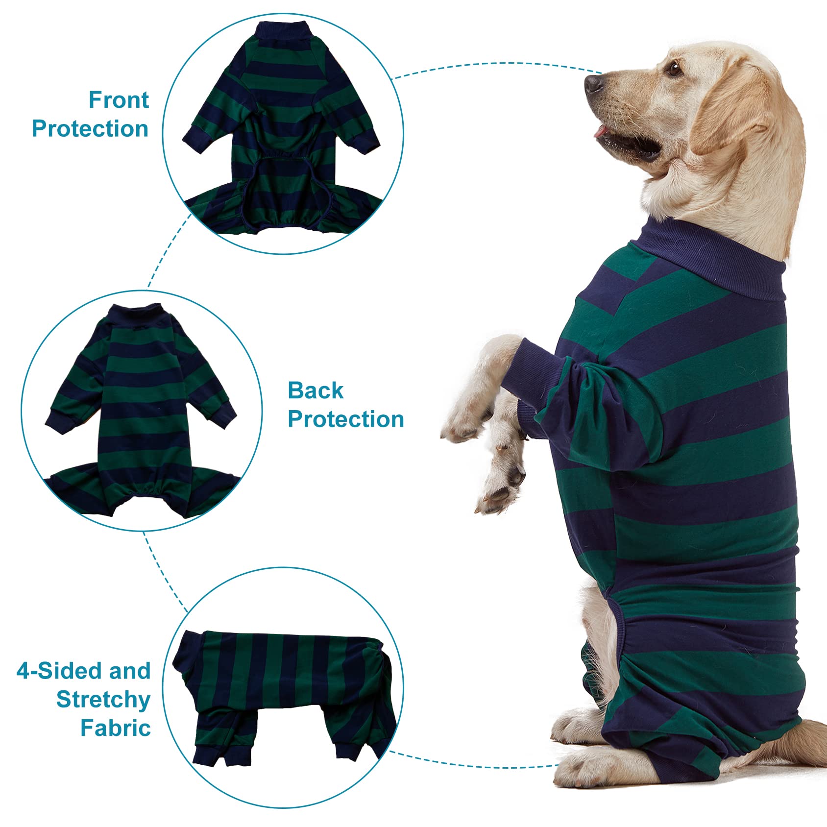 Lovinpet Large Dog Pajamas Bodysuit - Lightweight Stretchy Knit Pullover Dog Onesie, Green And Black Stripe Print Dog Shirt, Uv
