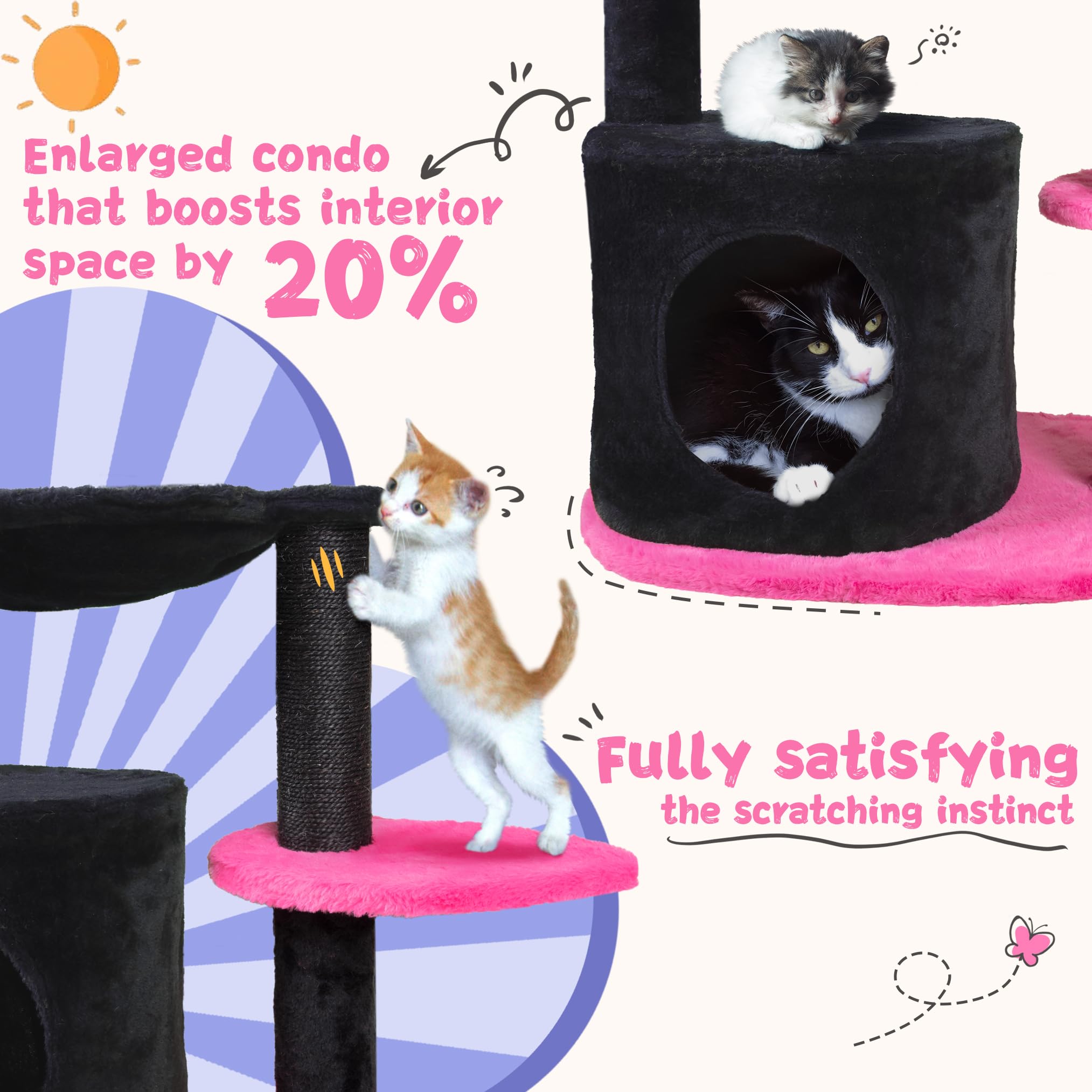 Fantasreen Cat Tree 33.5'' Black Pink Flower Cat Tower For Indoor Cats Cat Scratching Post With Comfy Hammock For Kittens Adult