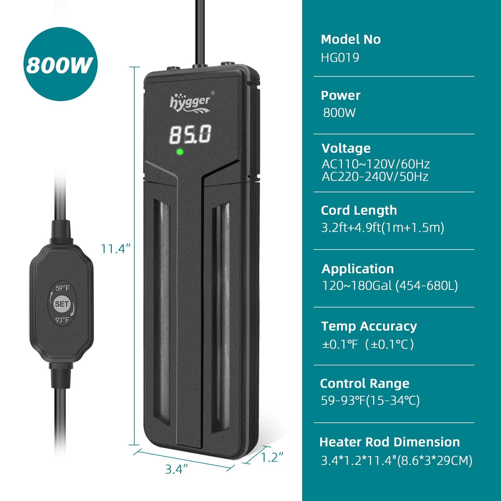 Hygger Aquarium Heater,500W/800W/1200W Submersible Fish Tank Water Heater Double Quartz Explosion-Proof With For Freshwater Saltwater Tank