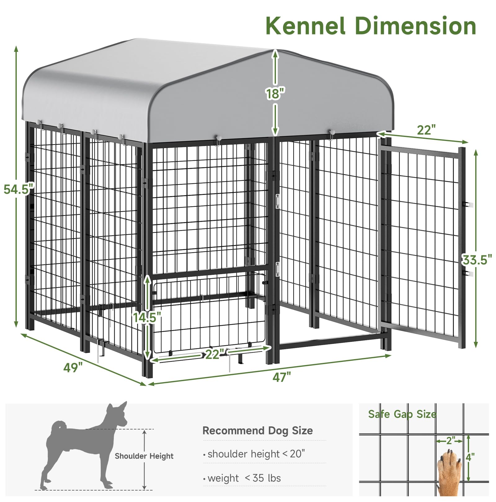 Guiferland Dog Kennel Pen Outside Outdoor Dog Run With Roof, Feeders/Removable Doggy Door Allow Connecting Your Dog House- Squar