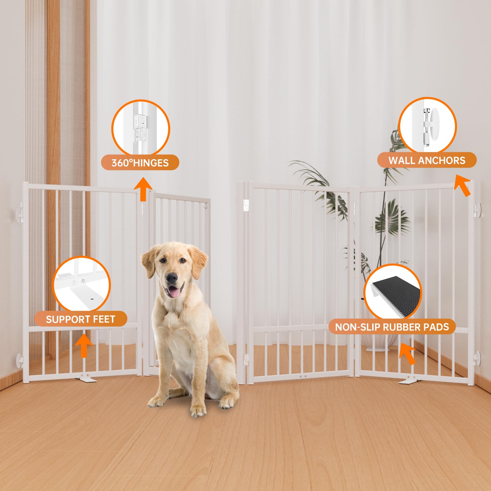 Snuowu Full Metal Freestanding Dog Gate with Door, 80"W x 32"H, White, 4 Panels for Indoor & Outdoor Use
