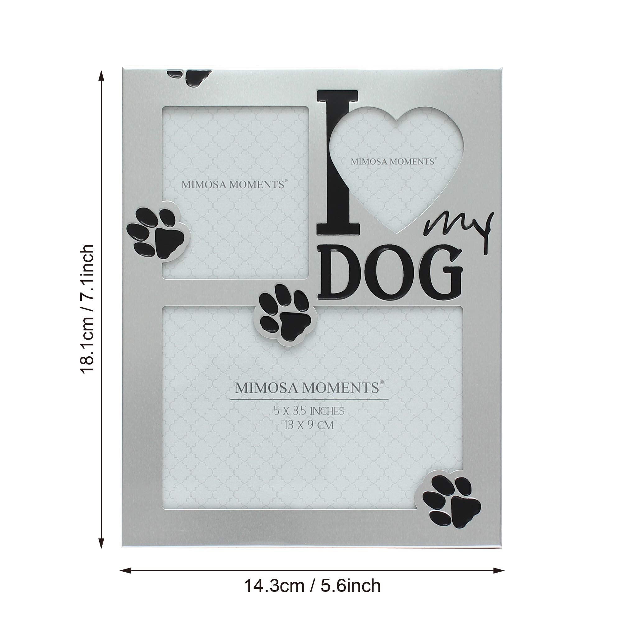 Mimosa Moments Metal Pet Picture Frame Saying I Love My Dog With Paw Print & Three Openings (Silver-Tone With Black Antique Fini