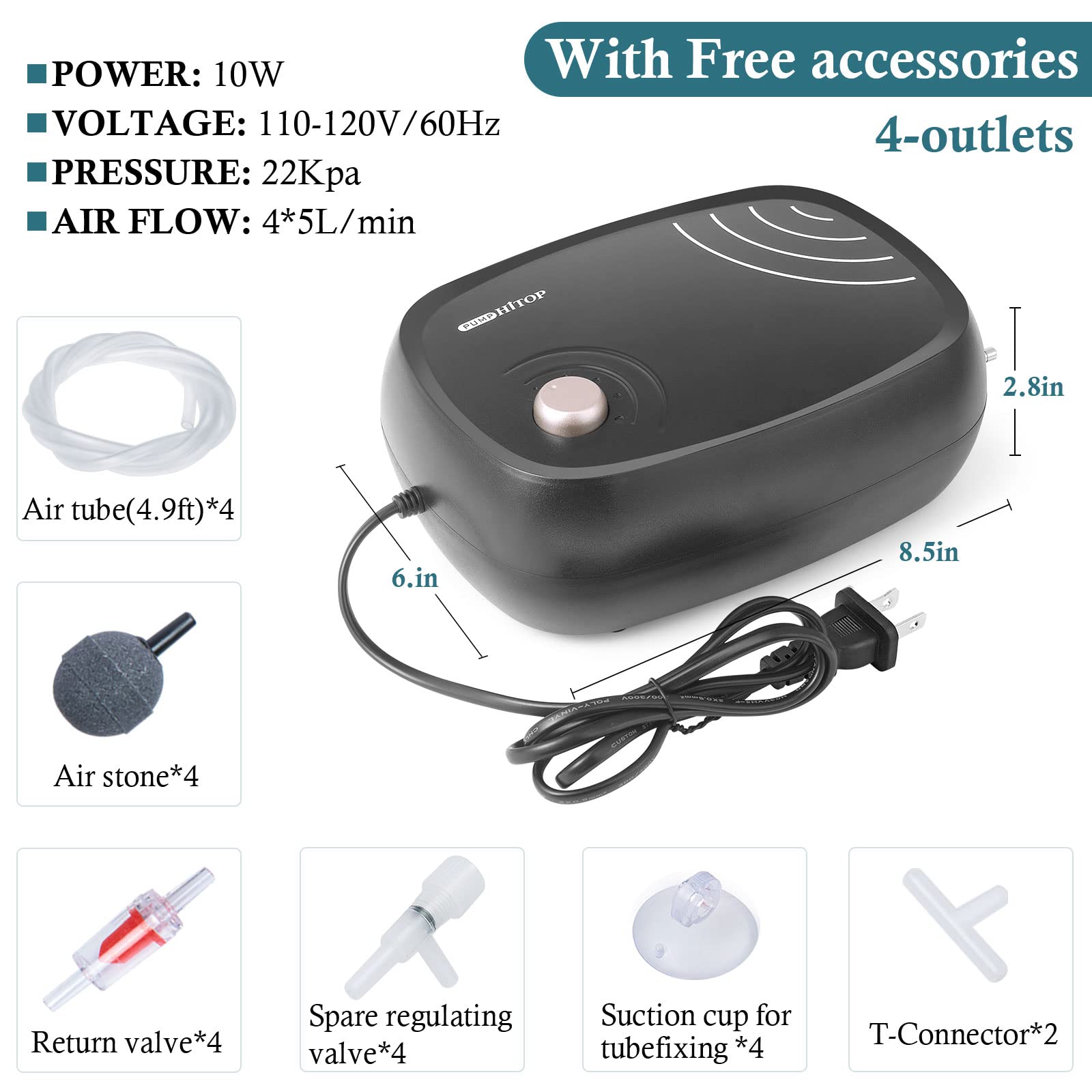 Hitop 10W Powerful Aquarium Air Pump: 4-Outlets 320Gph Air Pump For Fish Tank, Quiet Aquarium Aerator With Completely Accessorie