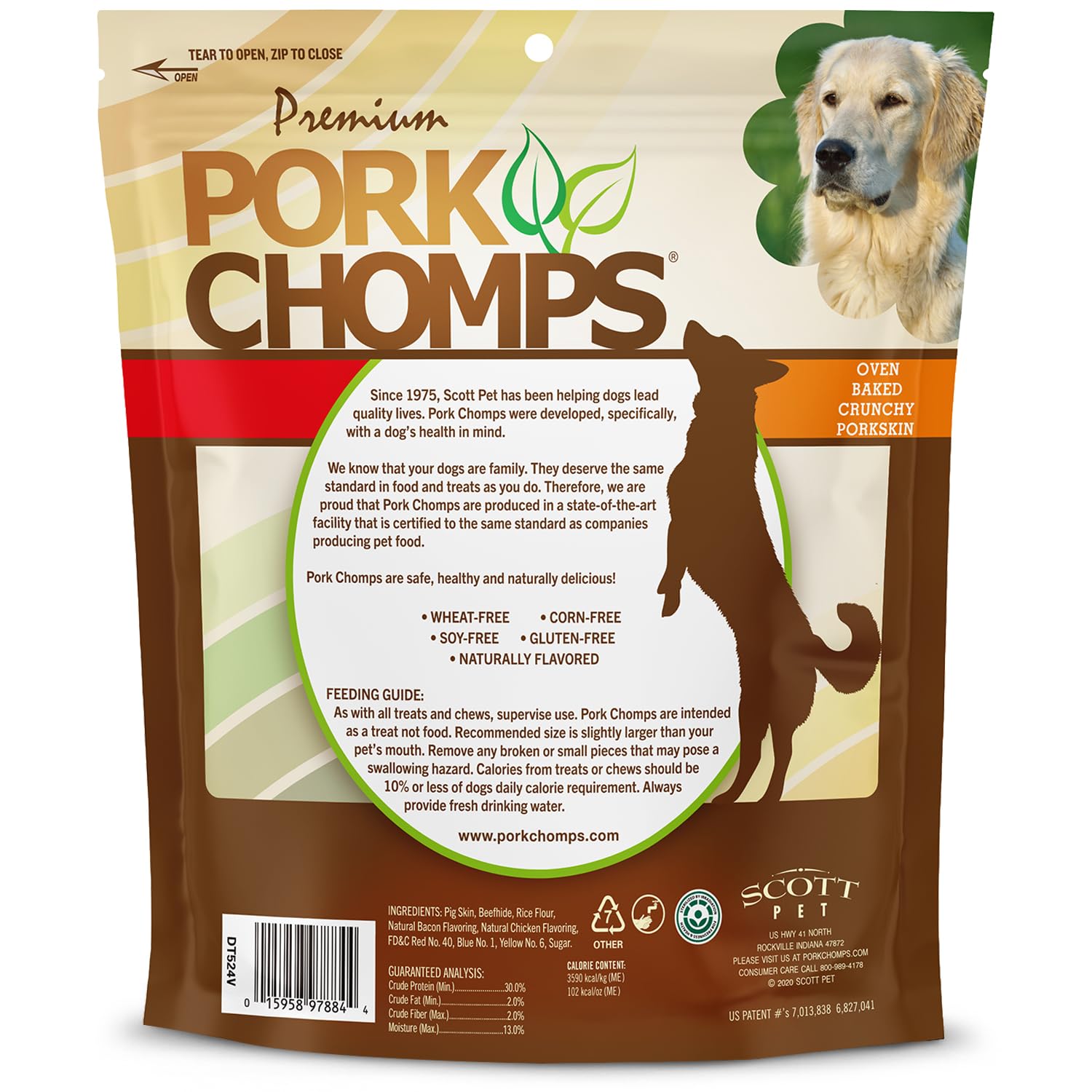 Pork Chomps Dog Chews, 4-inch Crunchy Bones, Bacon and Chicken Flavor, 12 Count