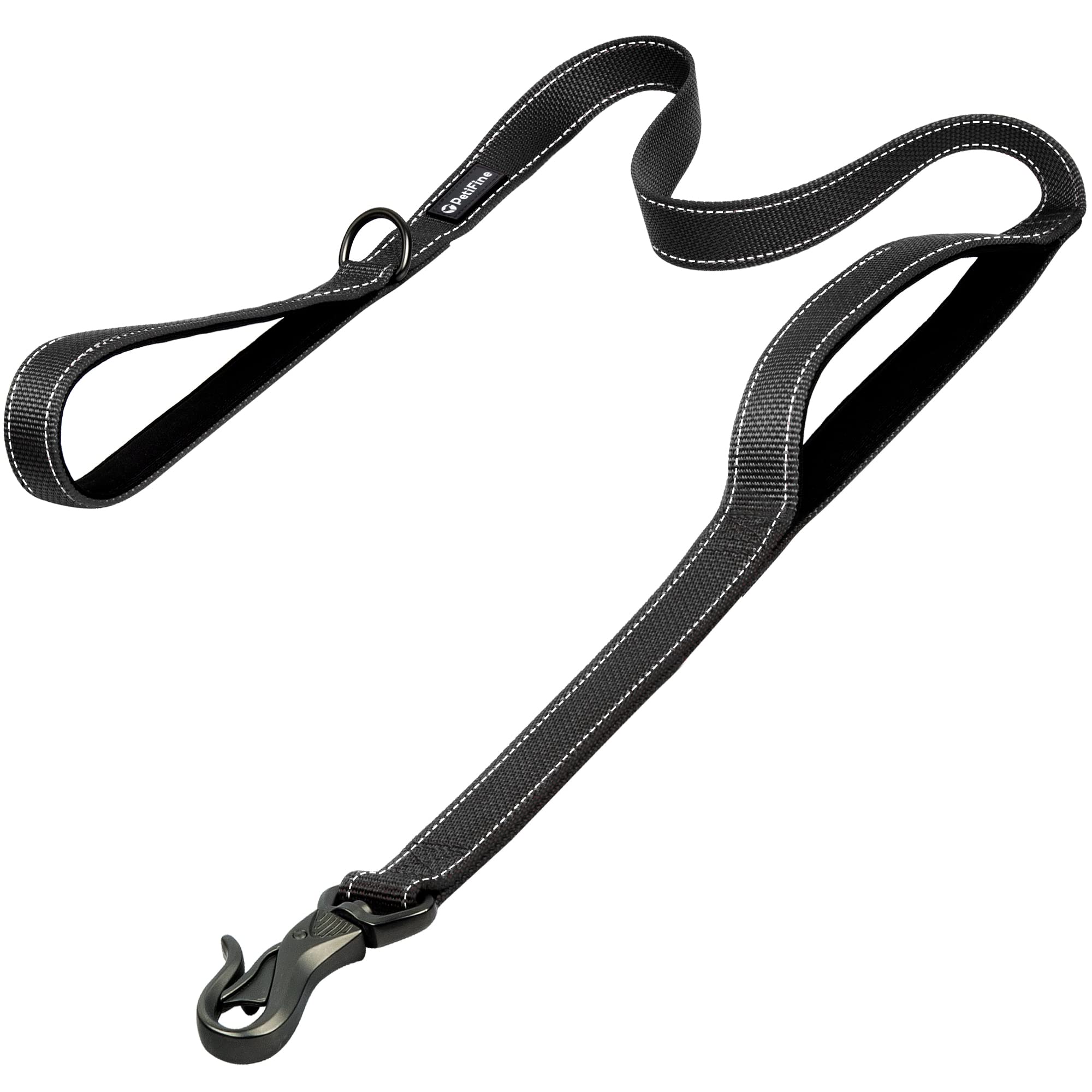 Petifine 5Ft Heavy Duty Dog Leash With Soft Padded Double Handle, Durable Strong Clasp Dog Leashes, Reflective Nylon Walking Lead For Large,Medium,Small Breed Dogs, Black