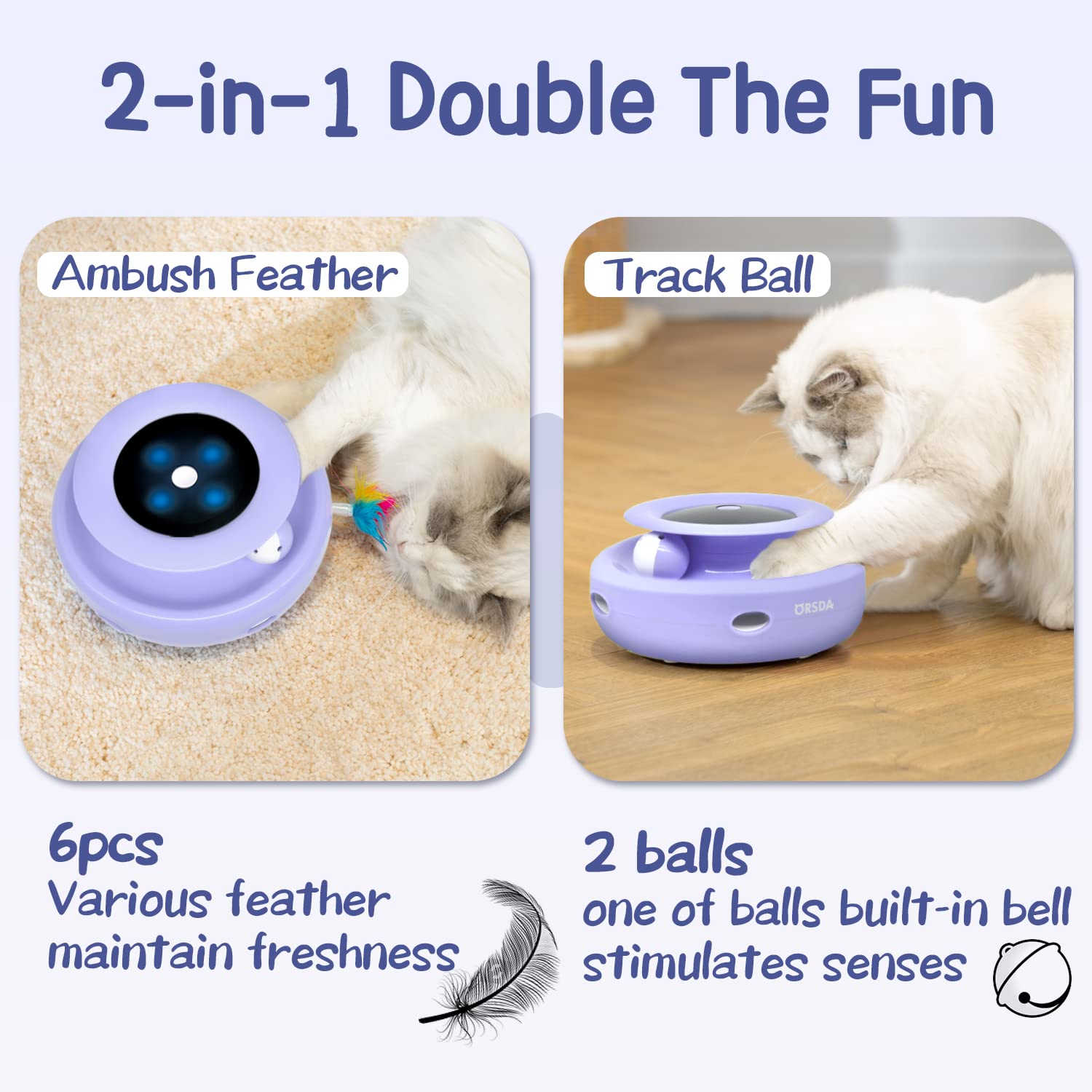 Orsda Cat Toys, 2-In-1 Interactive Cat Toys For Indoor Cats, Automatic Cat Toy Balls, Mice Toys Ambush Feather Kitten Toys With