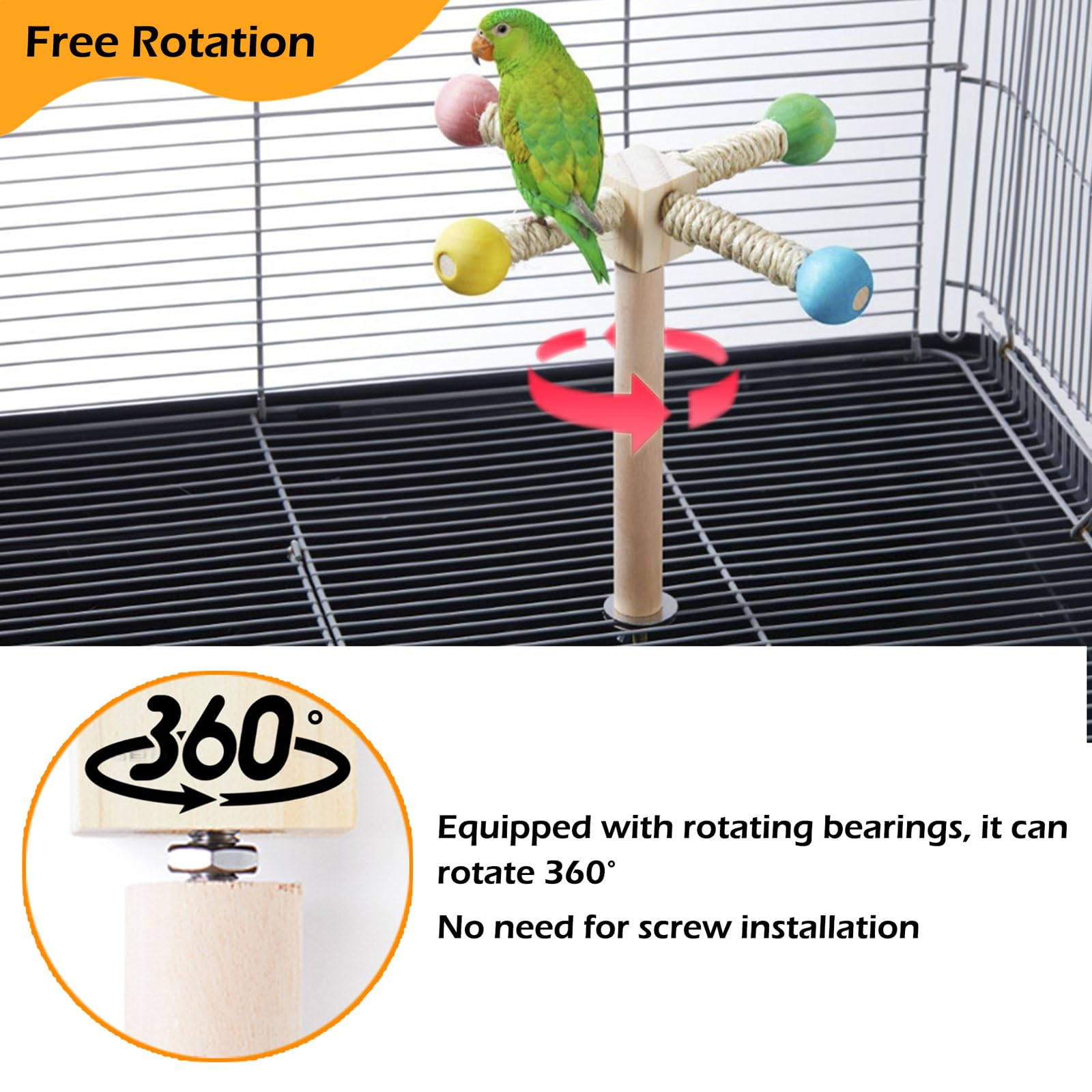 Bird Stand Perch Toy, Interactive Spinning Parakeet Toys, Wooden Exercise Wheel Parrot Toy, Enrichment Cockatiel Toy for Birds C