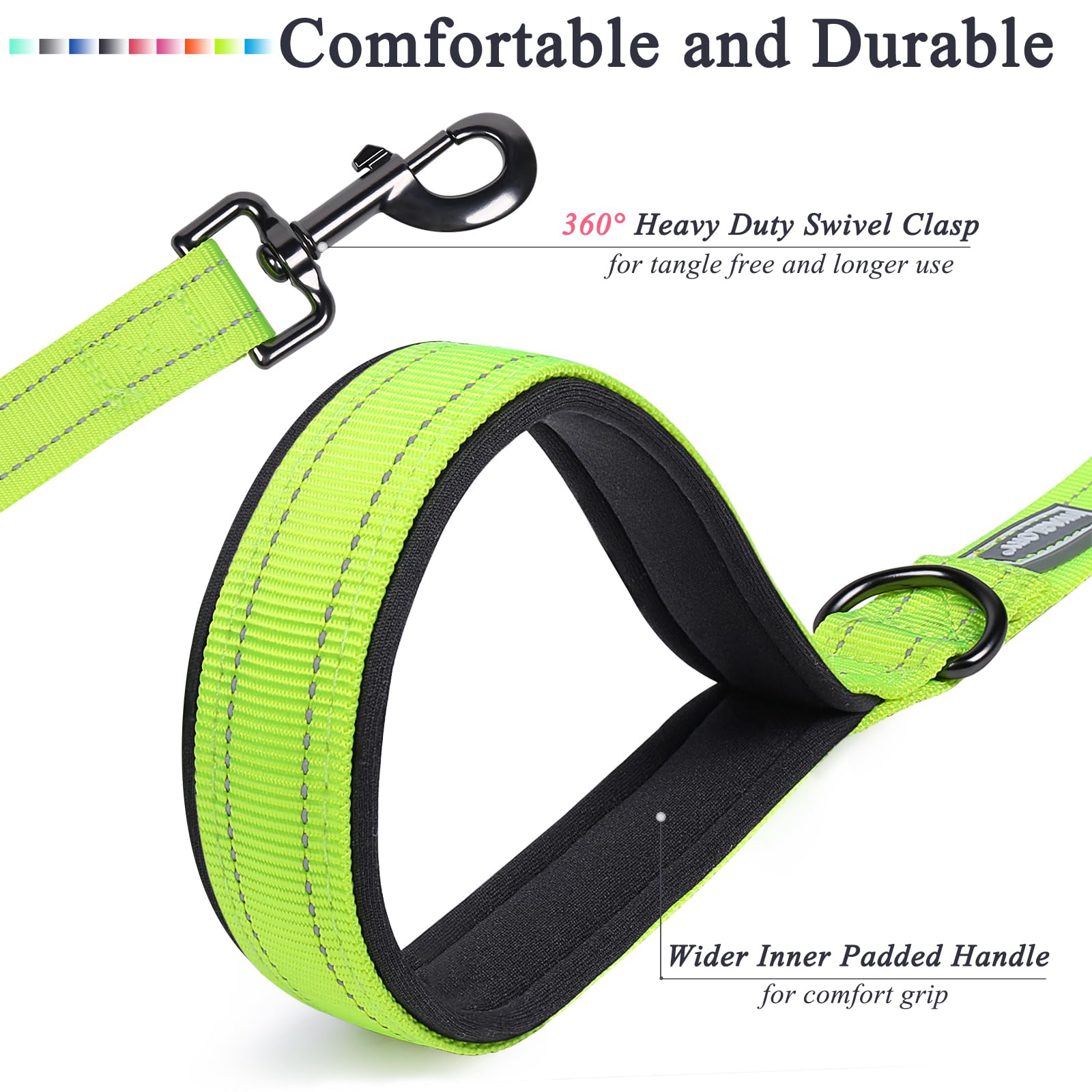 Vivaglory Traffic Handle Dog Leashes, Two Padded Soft Handles Strong Dog Leash, Reflective & Metal Hook Training Dog Lead, Brigh