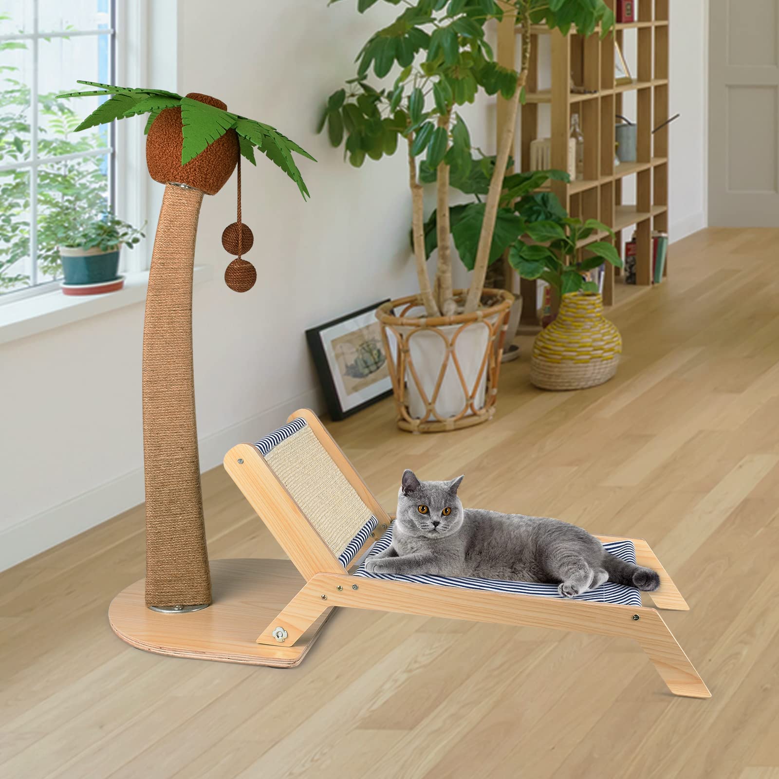 Lechansen Cat Scratching Post With Lounge Chair 2 In 1, 29.5 Inch Tall Palm Tree Cat Scratching Post For Indoor Cats, Sisal Rope