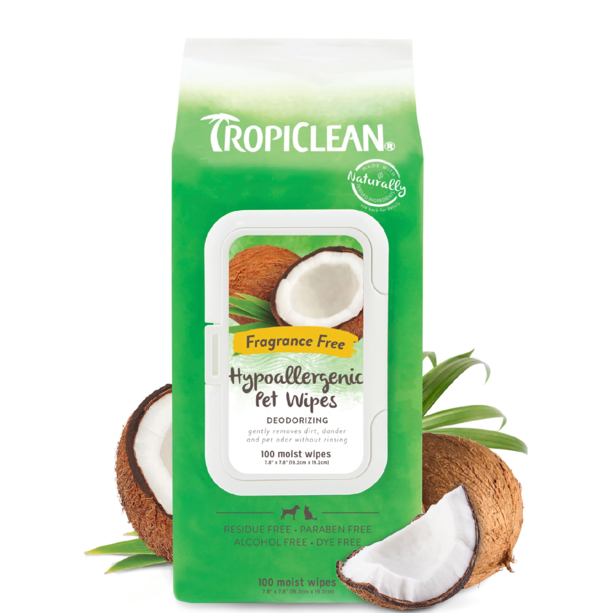 Tropiclean Hypoallergenic Dog Wipes For Paws And Butt | Fragrance Free Dog Grooming Wipes | Safe For The Face | Puppy & Cat Friendly | 100 Count