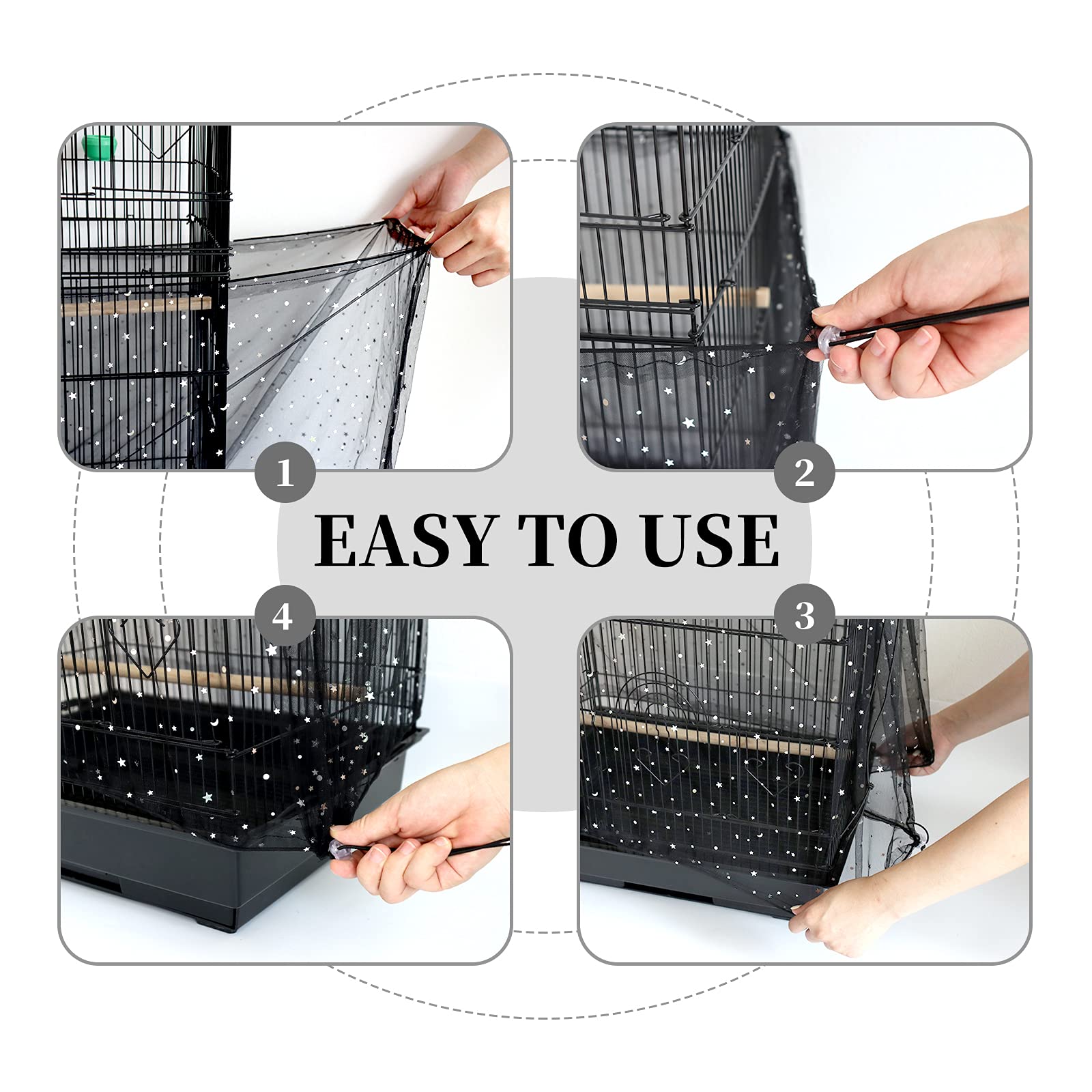 Daoeny 2Pcs Adjustable Bird Cage Cover, Upgraded Airy Nylon Mesh Parrot Net With Sequins, Universal Seed Feather Catcher, Soft Birdcage Cover Skirt Sheer Guard For Parakeet Macaw Round Square Cages