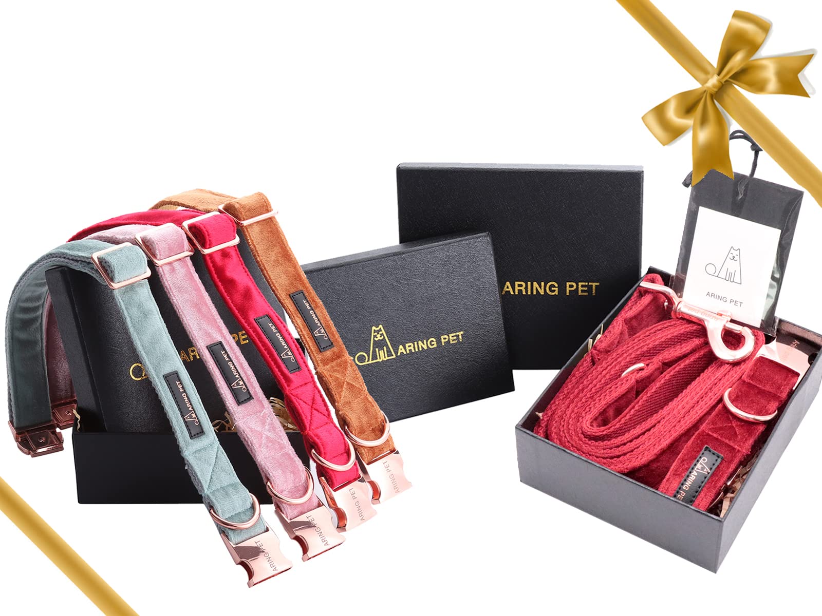 Aring Pet Velvet Dog Collar Set, Cute Velvet Dog Collar And Leash Set, Soft & Comfy, Adjustable Christmas Red Collars With Metal