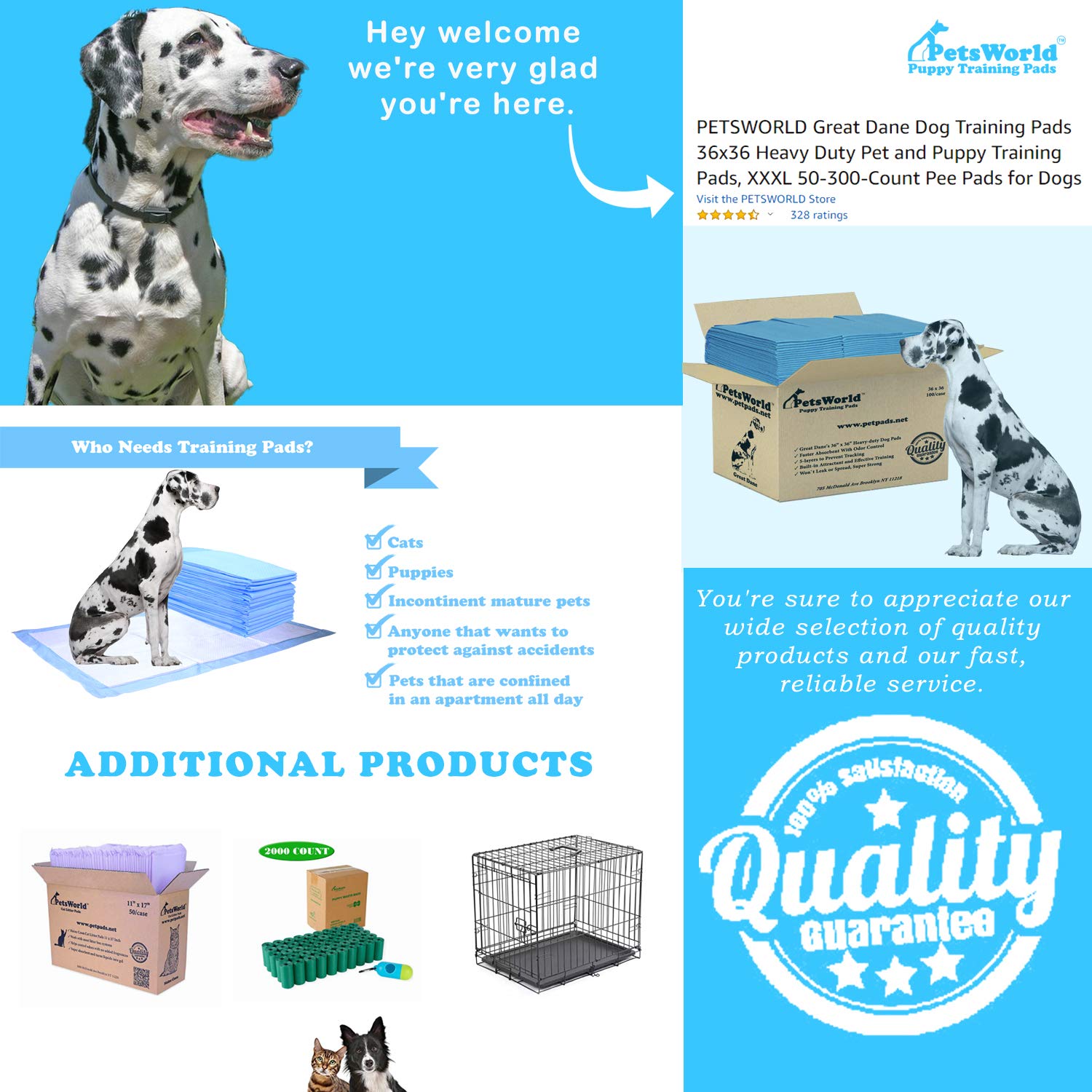 Petsworld Giant Potty Pads For Pets, Odor Eliminating 36' X 36',100 Count Pee Pads For Dogs, Gigantic Great Dane Pads, 5 Layer Ultra Absorbent Technology, Leak Proof Training Pads For Dogs & Cats