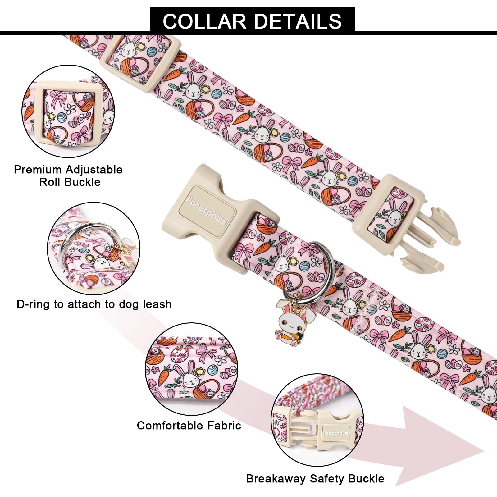 Lionet Paws Easter Dog Collar- Cute Pink Rabbit Eggs Dog Collars With Plastic Buckle, Light Adjustable Dog Large Collars With Ra