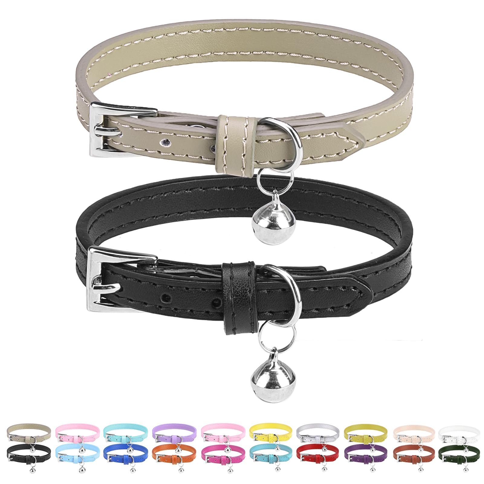 Pupteck 2 Pcs Soft Leather Cat Kitten Collar-Orange, Purple, Black, Khaki, Pink, Blue